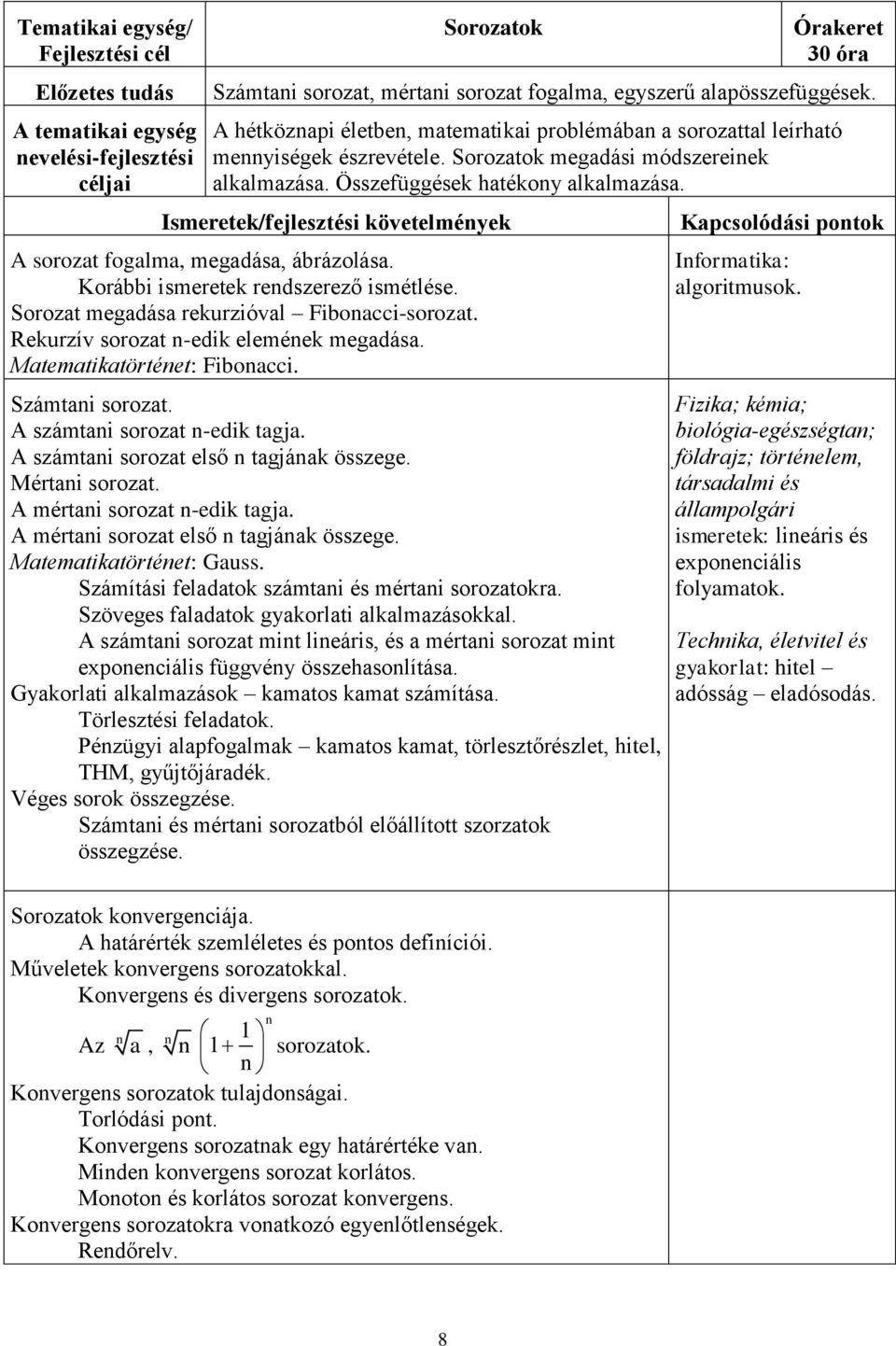 Ismeretek/fejlesztési követelmények A sorozat fogalma, megadása, ábrázolása. Korábbi ismeretek rendszerező ismétlése. Sorozat megadása rekurzióval Fibonacci-sorozat.