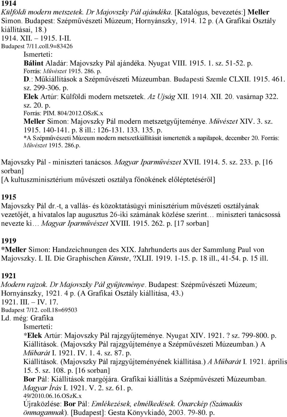 Budapesti Szemle CLXII. 1915. 461. sz. 299-306. p. Elek Artúr: Külföldi modern metszetek. Az Ujság XII. 1914. XII. 20. vasárnap 322. sz. 20. p. Forrás: PIM. 804/2012.OSzK.