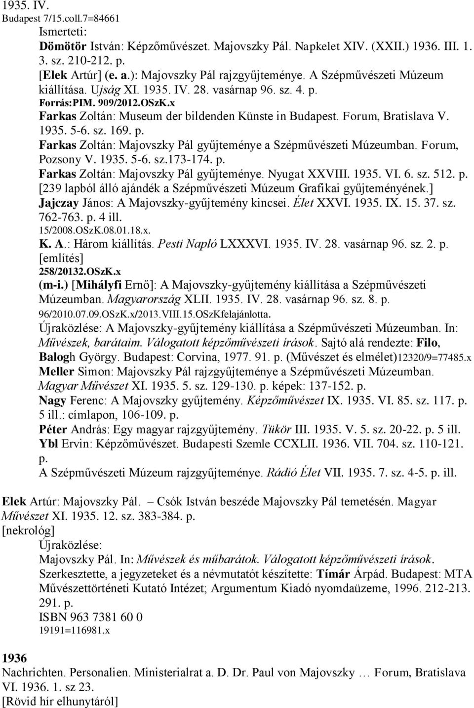 sz. 169. p. Farkas Zoltán: Majovszky Pál gyűjteménye a Szépművészeti Múzeumban. Forum, Pozsony V. 1935. 5-6. sz.173-174. p. Farkas Zoltán: Majovszky Pál gyűjteménye. Nyugat XXVIII. 1935. VI. 6. sz. 512.