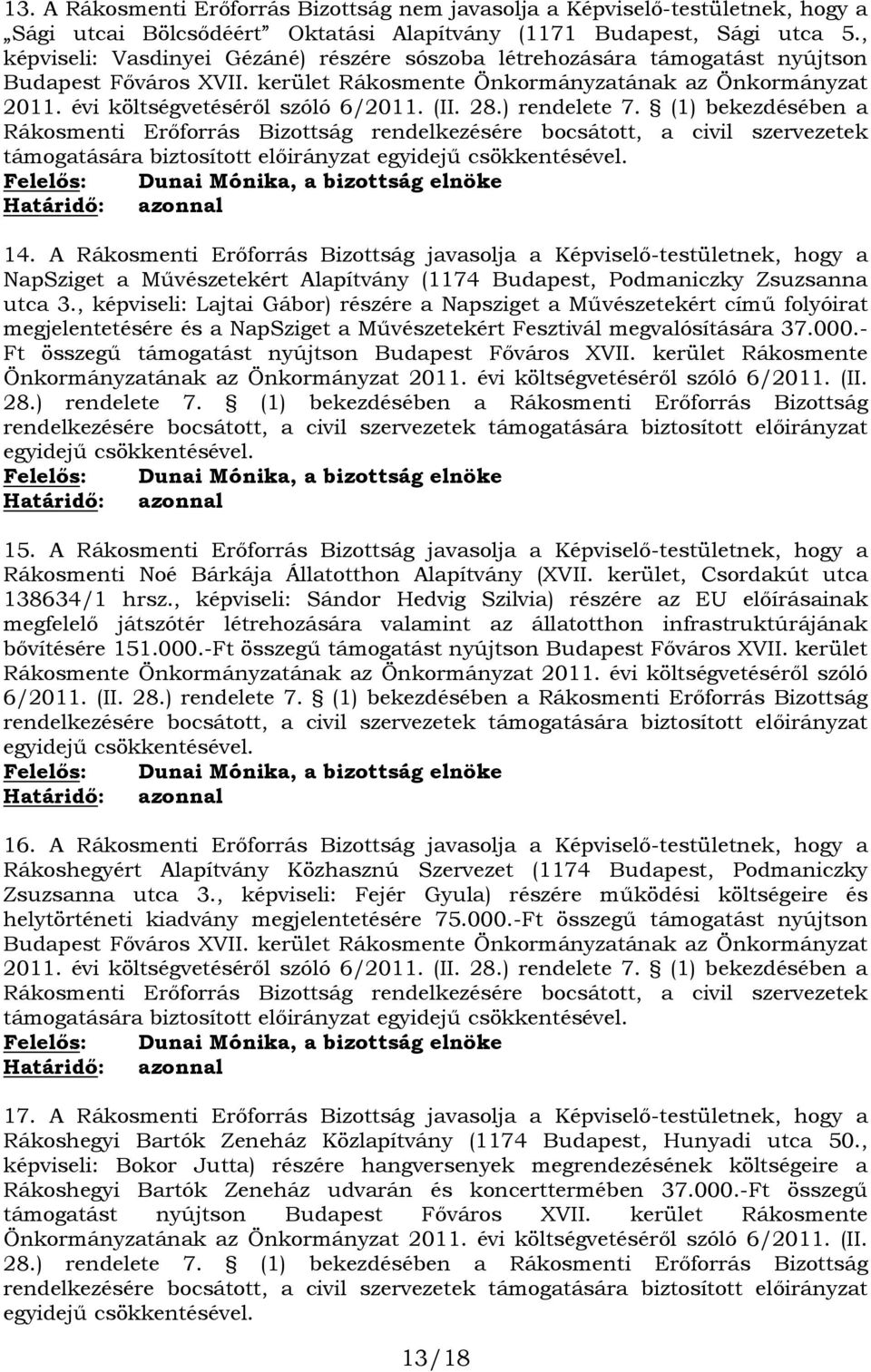 (II. 28.) rendelete 7. (1) bekezdésében a Rákosmenti Erőforrás Bizottság rendelkezésére bocsátott, a civil szervezetek támogatására biztosított előirányzat 14.