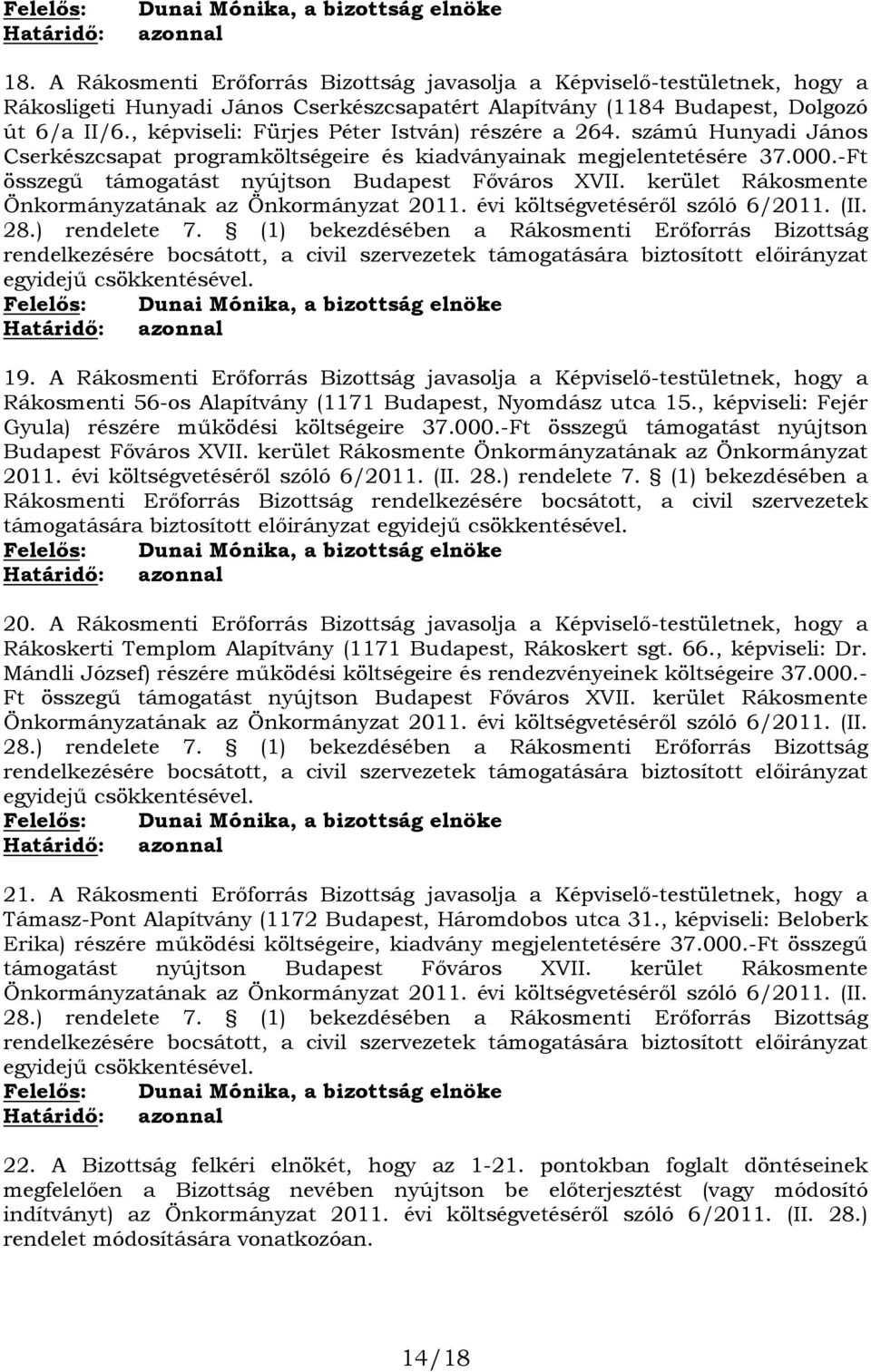 , képviseli: Fürjes Péter István) részére a 264. számú Hunyadi János Cserkészcsapat programköltségeire és kiadványainak megjelentetésére 37.00 összegű támogatást nyújtson Budapest Főváros XVII.