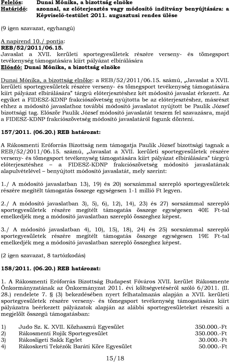 kerületi sportegyesületek részére verseny- és tömegsport tevékenység támogatására kiírt pályázat elbírálására Dunai Mónika, a bizottság elnöke: a REB/52/2011/06.15. számú, Javaslat a XVII.