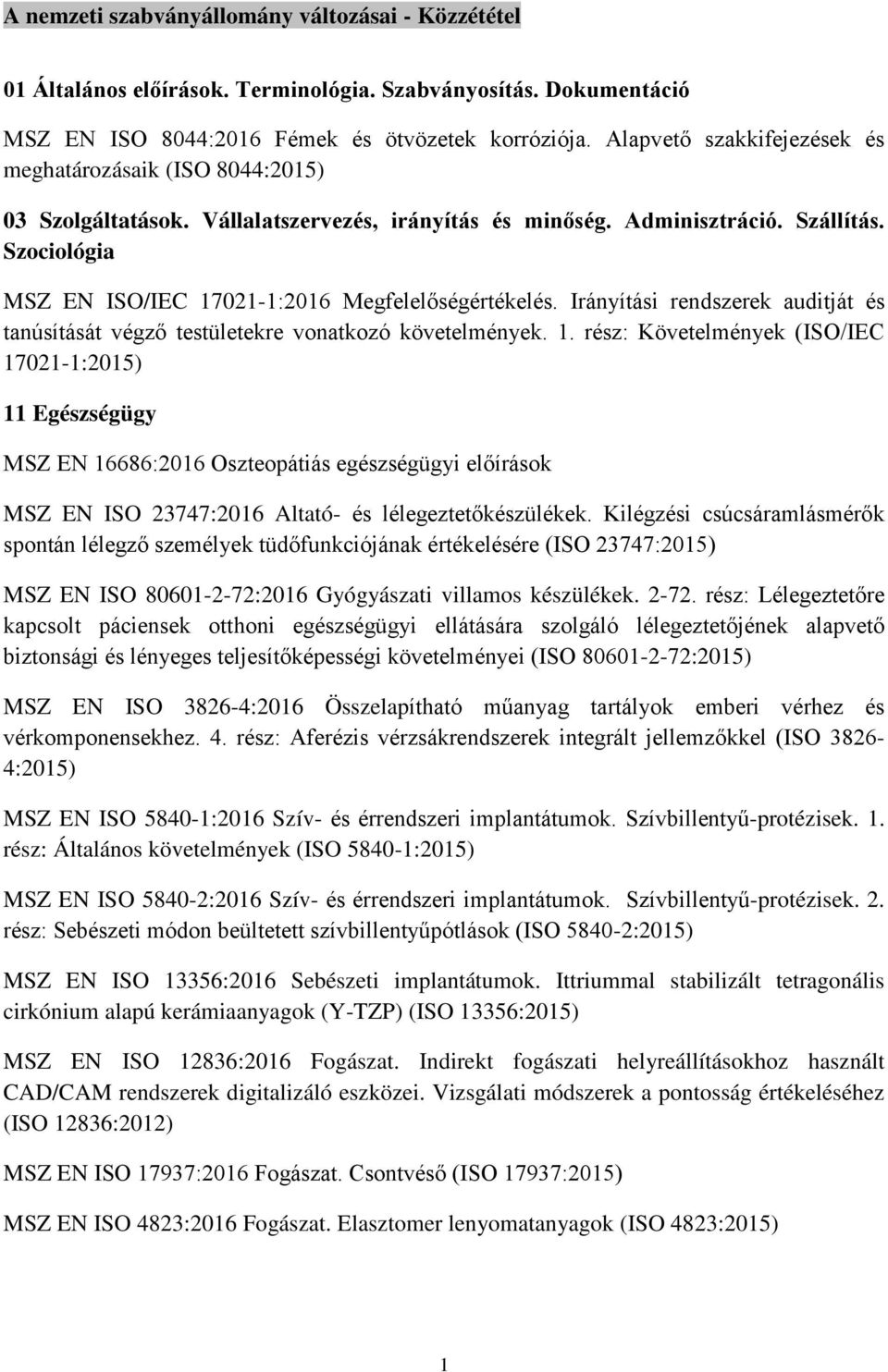 Szociológia MSZ EN ISO/IEC 17021-1:2016 Megfelelőségértékelés. Irányítási rendszerek auditját és tanúsítását végző testületekre vonatkozó követelmények. 1. rész: Követelmények (ISO/IEC 17021-1:2015) 11 Egészségügy MSZ EN 16686:2016 Oszteopátiás egészségügyi előírások MSZ EN ISO 23747:2016 Altató- és lélegeztetőkészülékek.