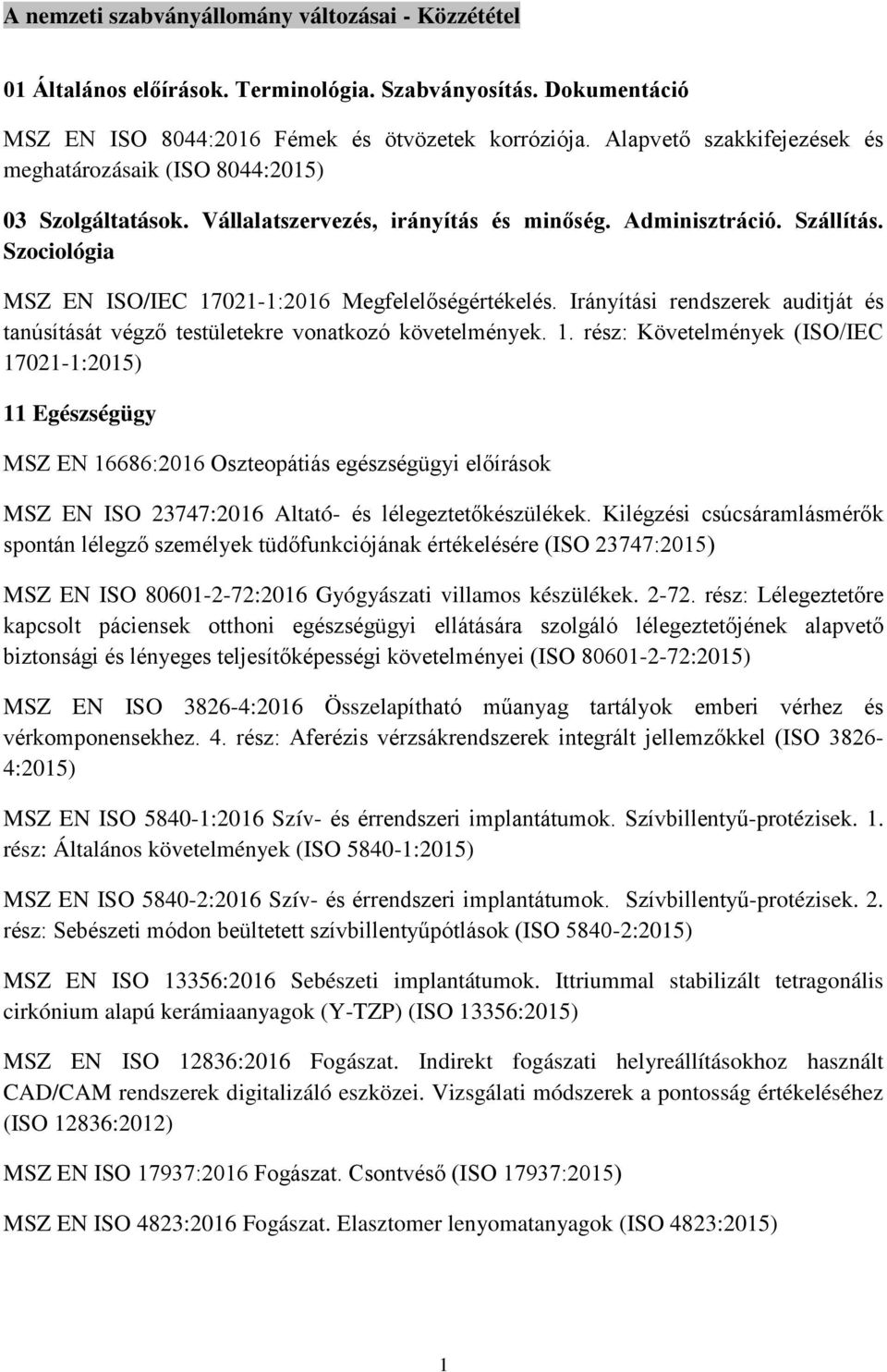 Szociológia MSZ EN ISO/IEC 17021-1:2016 Megfelelőségértékelés. Irányítási rendszerek auditját és tanúsítását végző testületekre vonatkozó követelmények. 1. rész: Követelmények (ISO/IEC 17021-1:2015) 11 Egészségügy MSZ EN 16686:2016 Oszteopátiás egészségügyi előírások MSZ EN ISO 23747:2016 Altató- és lélegeztetőkészülékek.