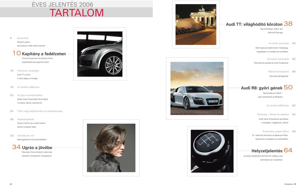 oktatás az Audi Hungariánál 16 Prémium, stratégia Audi TT: az Ikon A siker alapja a minőség 18 Ez történt 2006-ban 20 Az igazi szerelmesfilm Szabó István Oscar-díjas filmrendező munkáról, életről,
