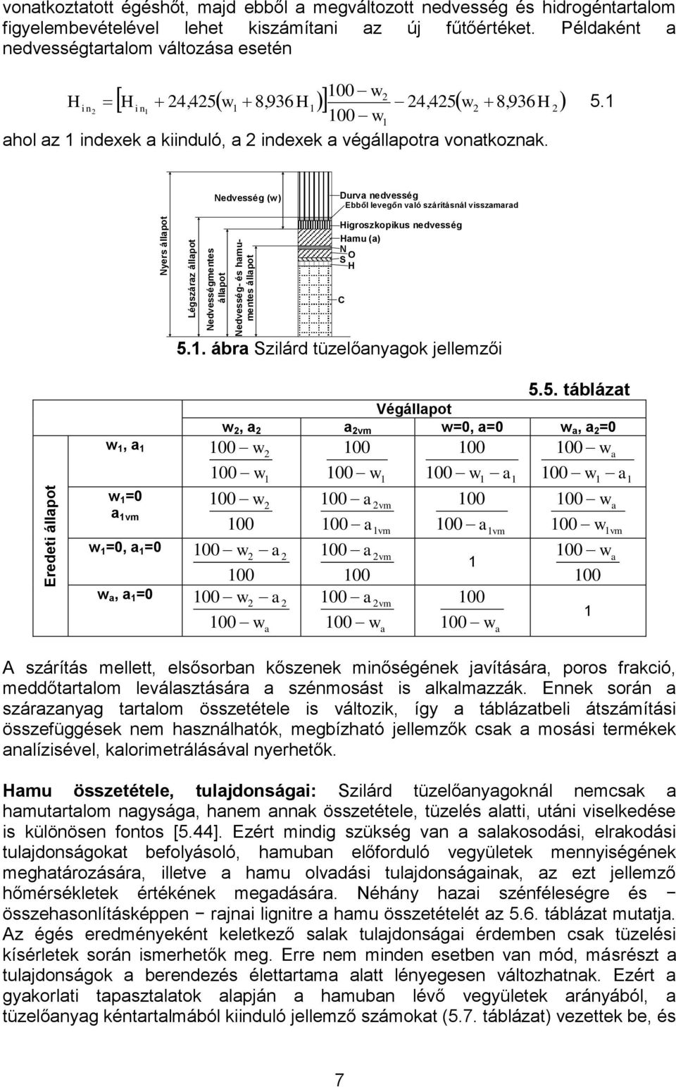 Nedvesség (w) Durva nedvesség Ebből levegőn való száríásnál vsszamarad Hgroszkopkus nedvesség Hamu (a) N O S H C w, a w =0 a vm w =0, a =0 w a, a =0 5.