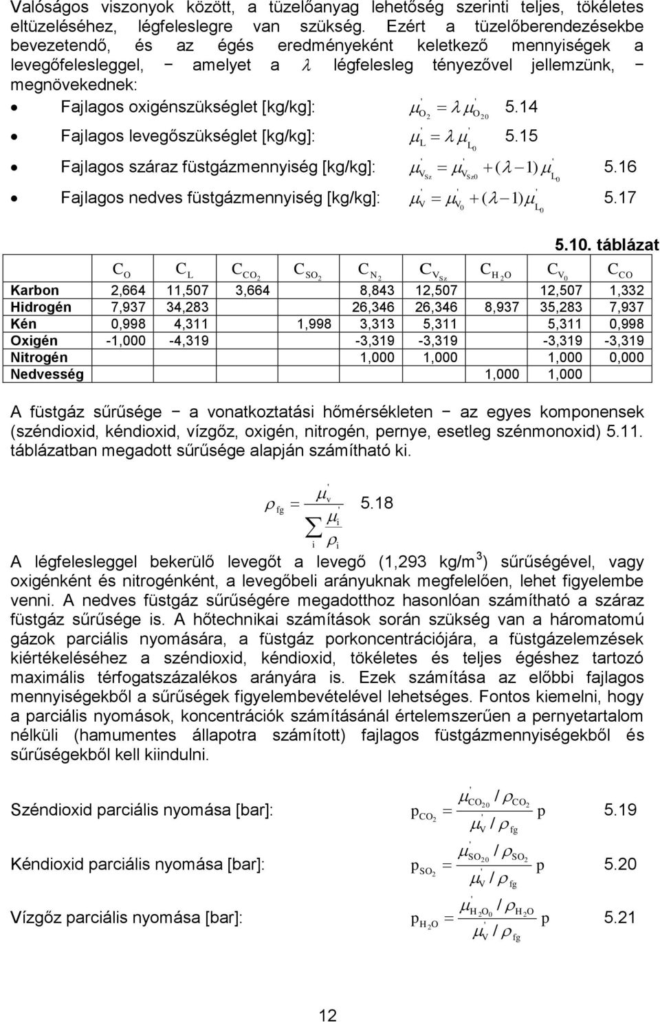 5.4 Fajlagos levegőszükségle [kg/kg]: Fajlagos száraz füsgázmennység [kg/kg]: Fajlagos nedves füsgázmennység [kg/kg]: C O C L C CO C SO C N O O 0 ' ' L 5.5 ' V ' V Sz ' V L 0 ) Sz0 5.6 ' V ' ( L 5.