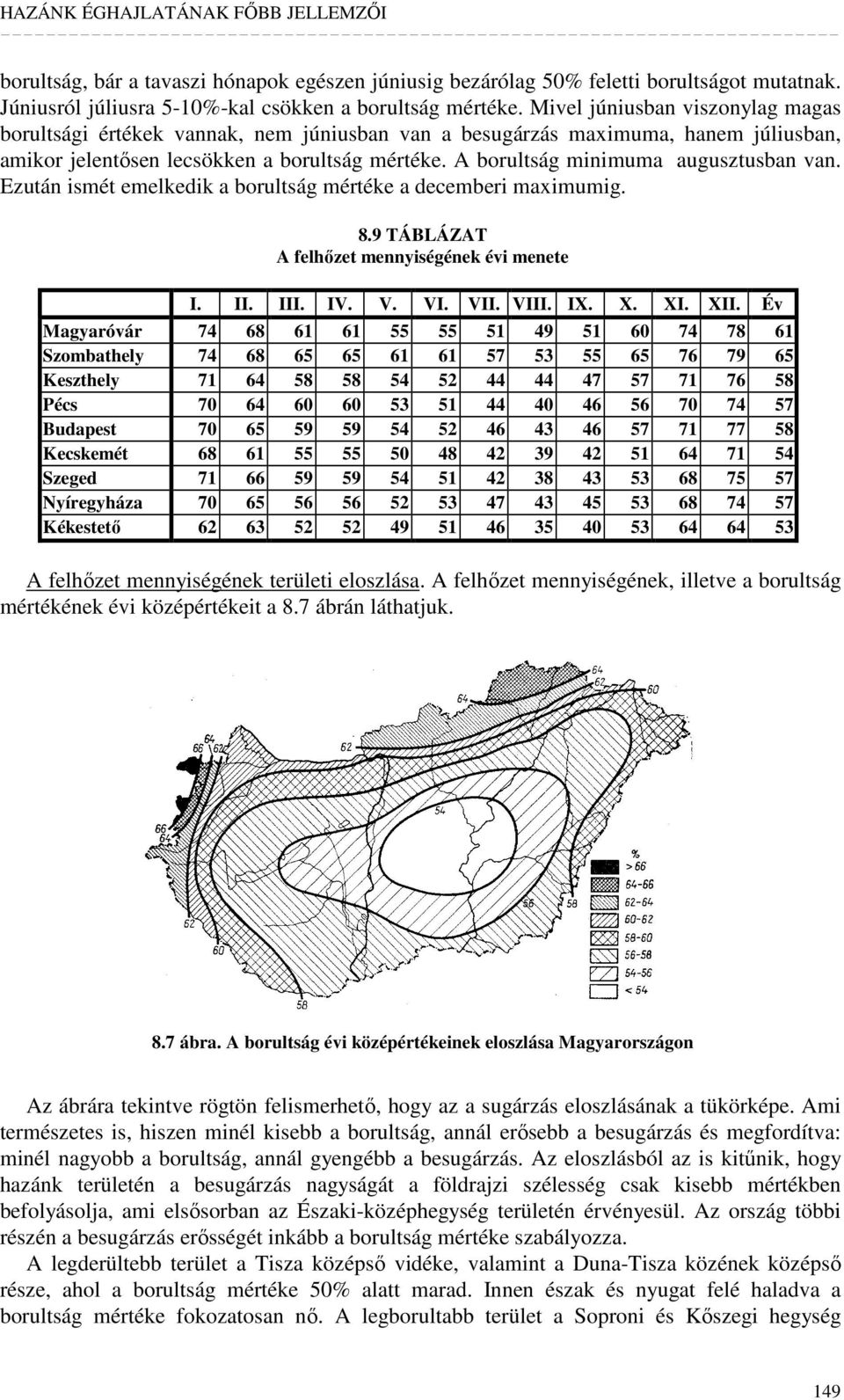 A borultság minimuma augusztusban van. Ezután ismét emelkedik a borultság mértéke a decemberi maximumig. 8.9 TÁBLÁZAT A felhızet mennyiségének évi menete I. II. III. IV. V. VI. VII. VIII. IX. X. XI.