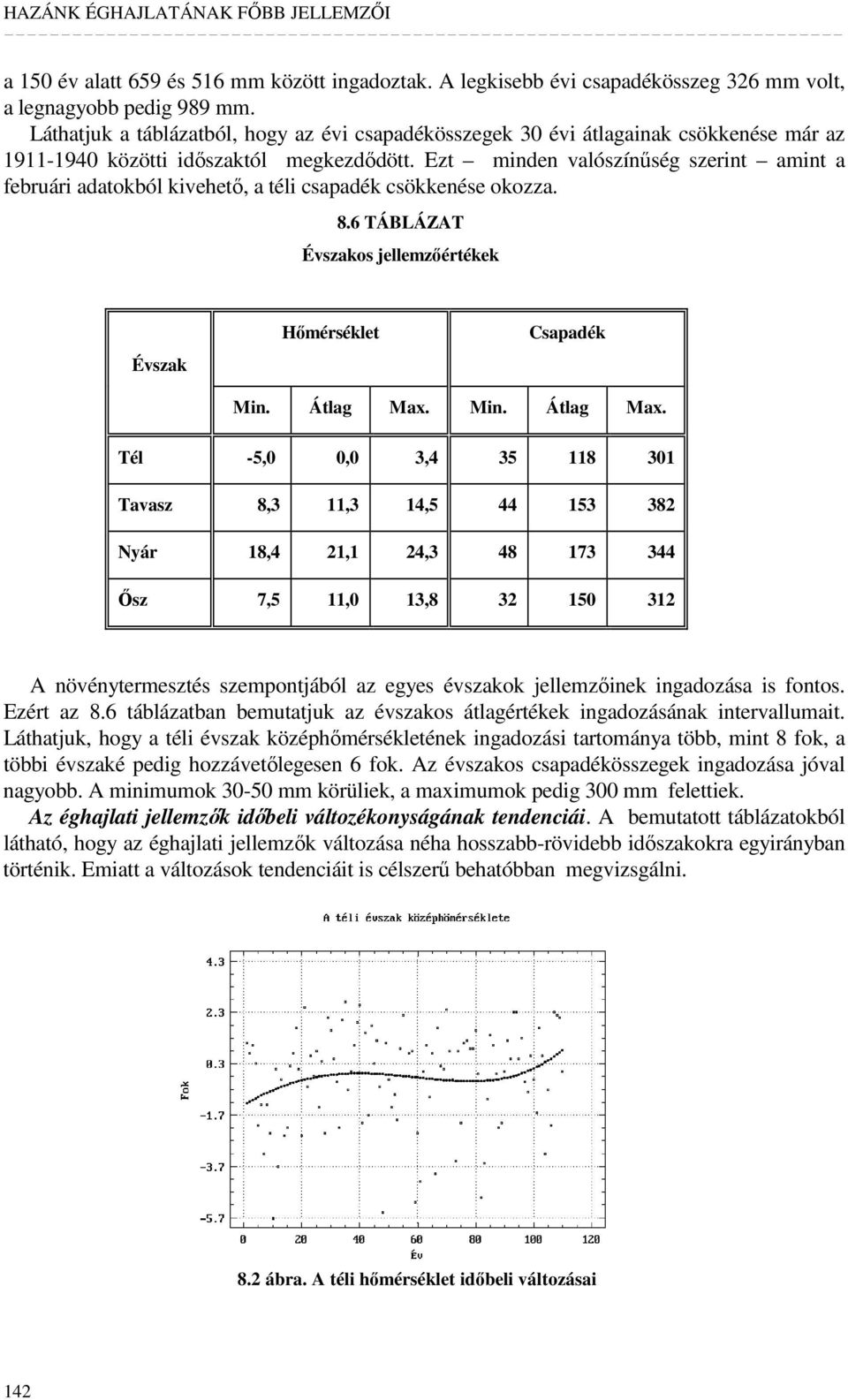 Ezt minden valószínőség szerint amint a februári adatokból kivehetı, a téli csapadék csökkenése okozza. 8.6 TÁBLÁZAT Évszakos jellemzıértékek Évszak Hımérséklet Csapadék Min. Átlag Max.