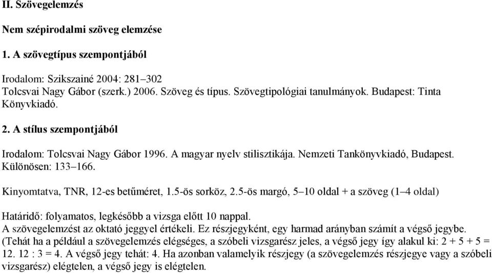 Kinyomtatva, TNR, 12-es betűméret, 1.5-ös sorköz, 2.5-ös margó, 5 10 oldal + a szöveg (1 4 oldal) Határidő: folyamatos, legkésőbb a vizsga előtt 10 nappal. A szövegelemzést az oktató jeggyel értékeli.