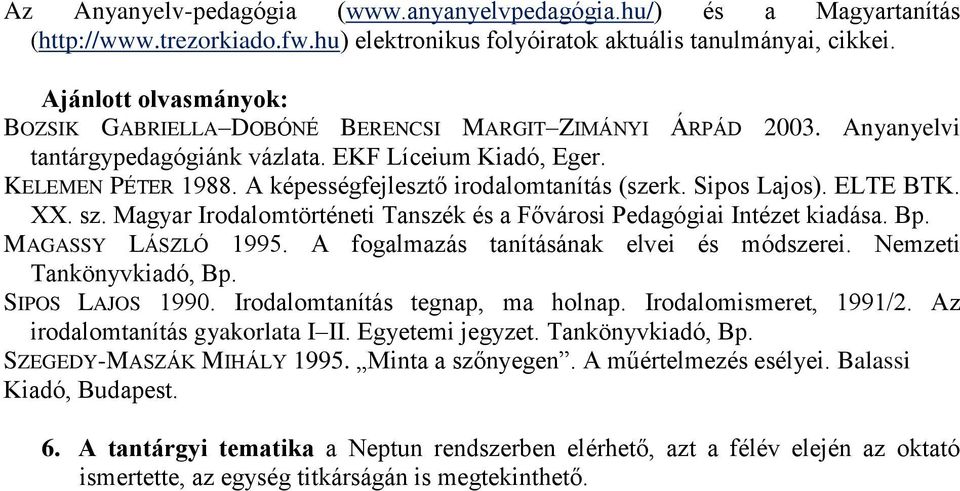 A képességfejlesztő irodalomtanítás (szerk. Sipos Lajos). ELTE BTK. XX. sz. Magyar Irodalomtörténeti Tanszék és a Fővárosi Pedagógiai Intézet kiadása. Bp. MAGASSY LÁSZLÓ 1995.