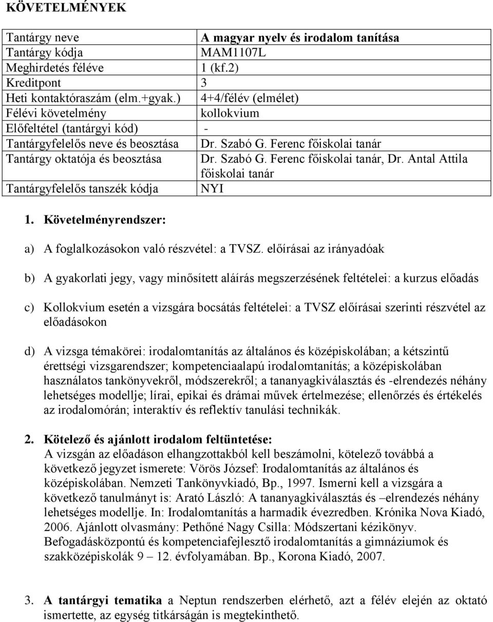 Antal Attila főiskolai tanár Tantárgyfelelős tanszék kódja NYI 1. Követelményrendszer: a) A foglalkozásokon való részvétel: a TVSZ.