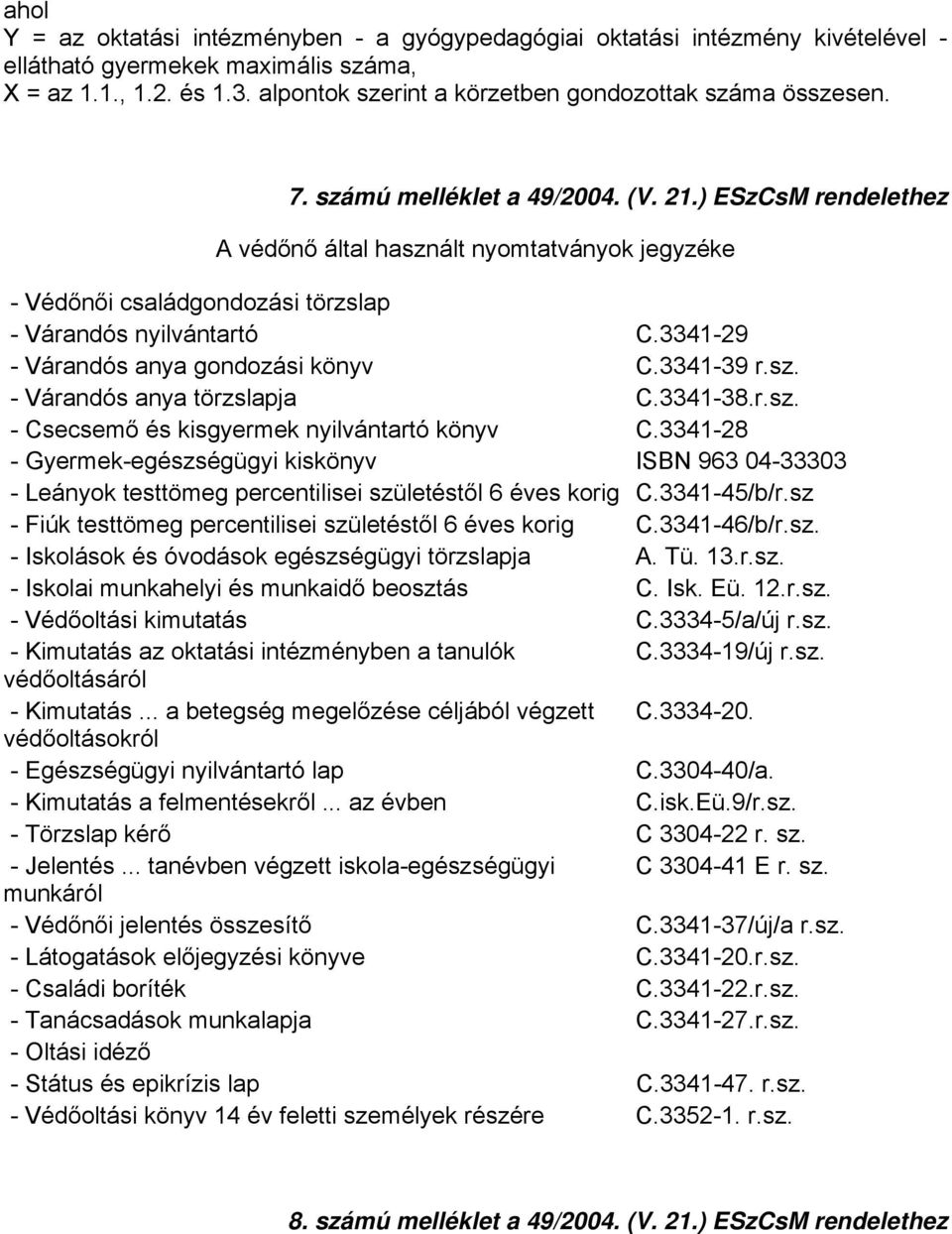 ) ESzCsM rendelethez A védőnő által használt nyomtatványok jegyzéke - Védőnői családgondozási törzslap - Várandós nyilvántartó C.3341-29 - Várandós anya gondozási könyv C.3341-39 r.sz. - Várandós anya törzslapja C.
