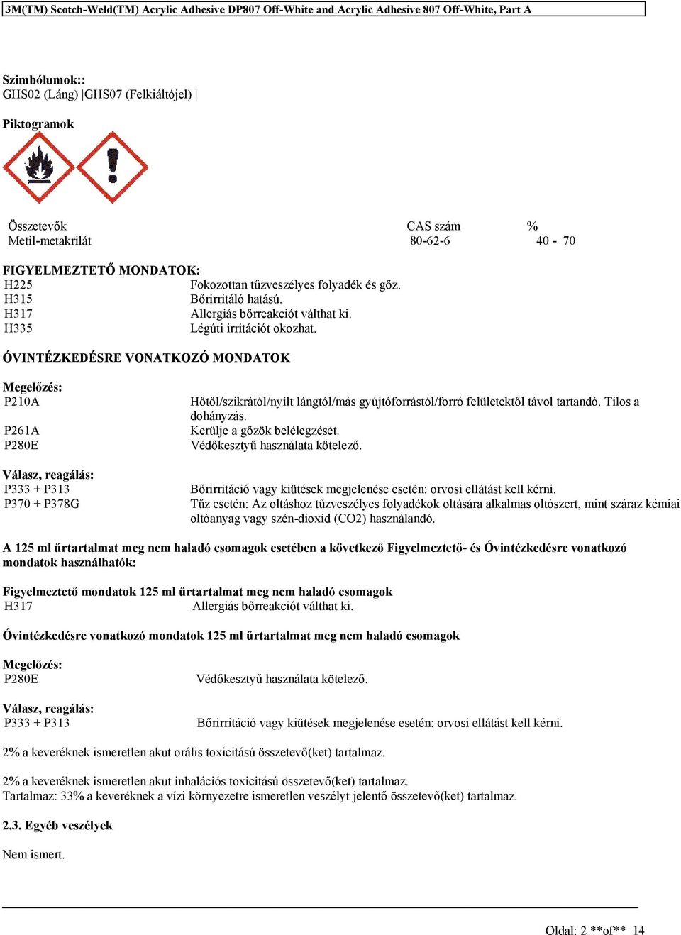 ÓVINTÉZKEDÉSRE VONATKOZÓ MONDATOK Megelőzé: P210A P261A P280E Válaz, reagálá: P333 + P313 P370 + P378G Hőtől/zikrától/nyílt lángtól/má gyújtóforrától/forró felületektől távol tartandó.