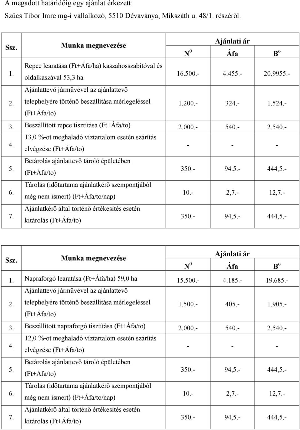 Beszállított repce tisztítása 000.- 540.- 540.- 13,0 %-ot meghaladó víztartalom esetén szárítás elvégzése kitárolás 350.- 9-444,- 10.- 2,- 12,- 1.