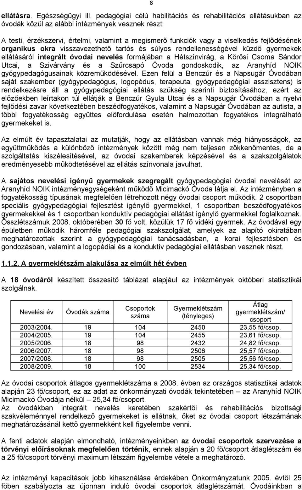 fejlődésének organikus okra visszavezethető tartós és súlyos rendellenességével küzdő gyermekek ellátásáról integrált óvodai nevelés formájában a Hétszínvirág, a Körösi Csoma Sándor Utcai, a