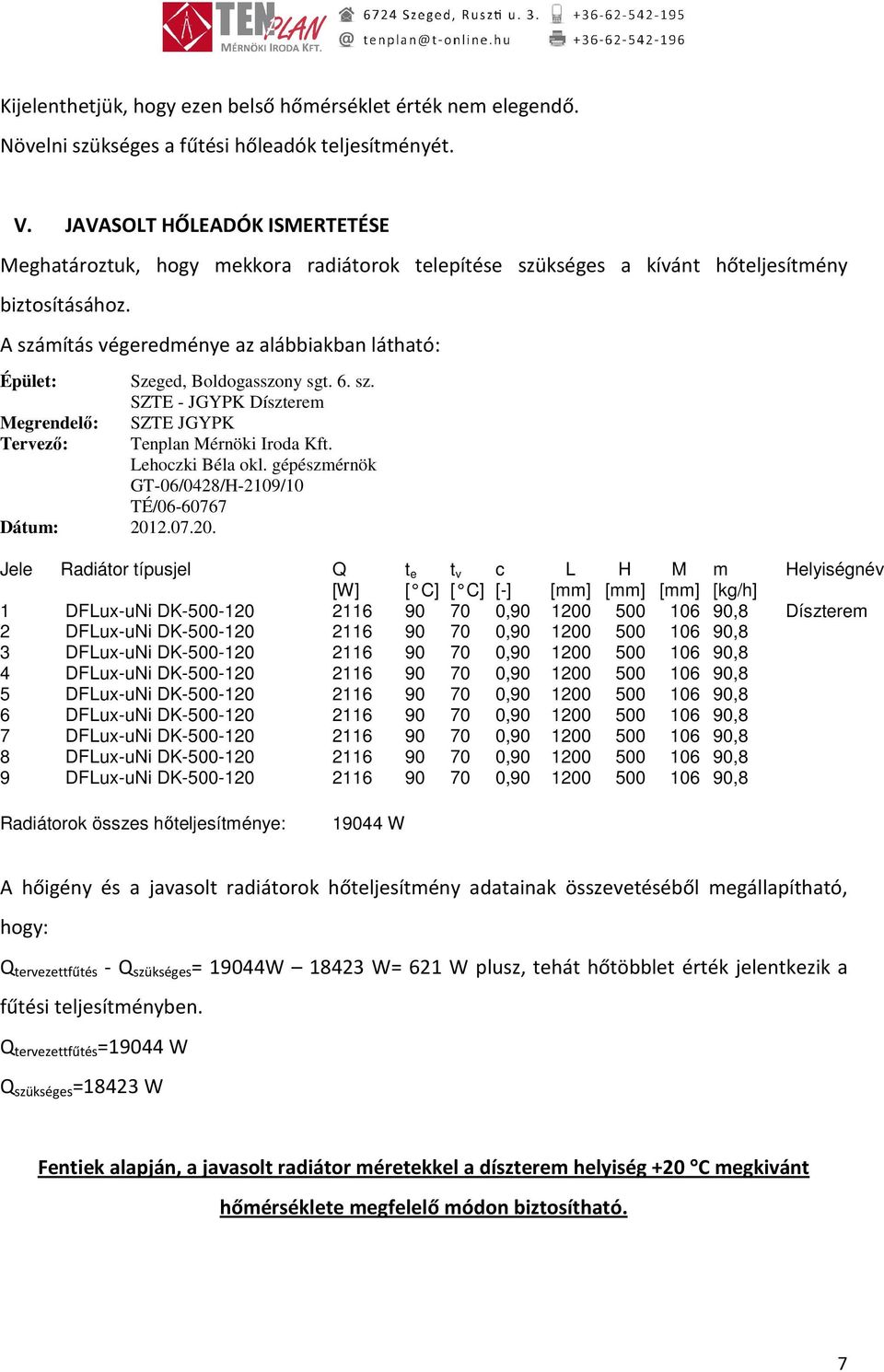 A számítás végeredménye az alábbiakban látható: Épület: Szeged, Boldogasszony sgt. 6. sz. SZTE - JGYPK Díszterem Megrendelő: SZTE JGYPK Tervező: Tenplan Mérnöki Iroda Kft. Lehoczki Béla okl.