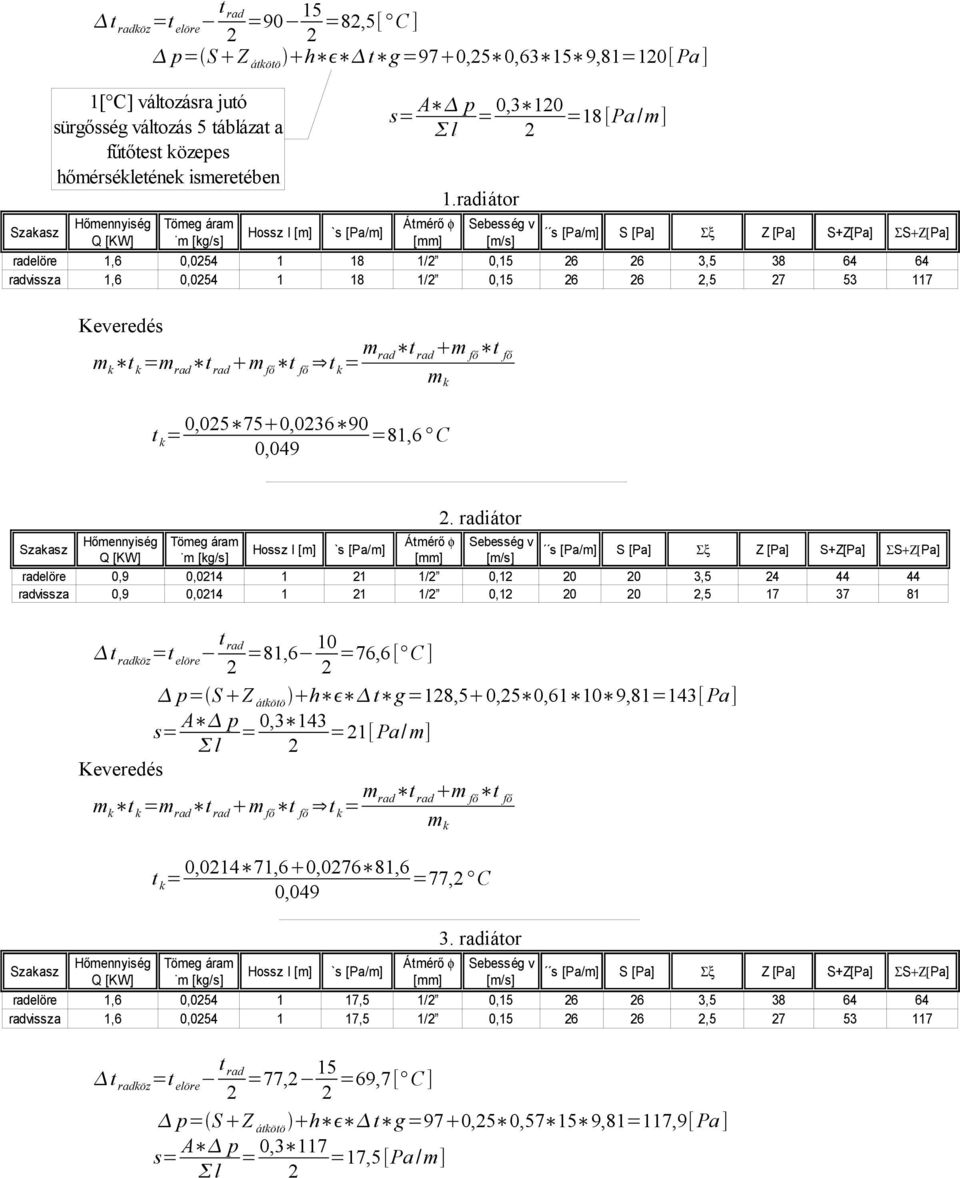 radiátor radelöre radvissza 0,9 0,014 1 1 1/ 0,1 0 0 3,5 4 44 44 0,9 0,014 1 1 1/ 0,1 0 0,5 17 37 81 t radköz t rad =81,6 10 =76,6[ C ] p= S Z átkötö h t g =18,5 0,5 0,61 10 9,81=143[ Pa] s= A p =