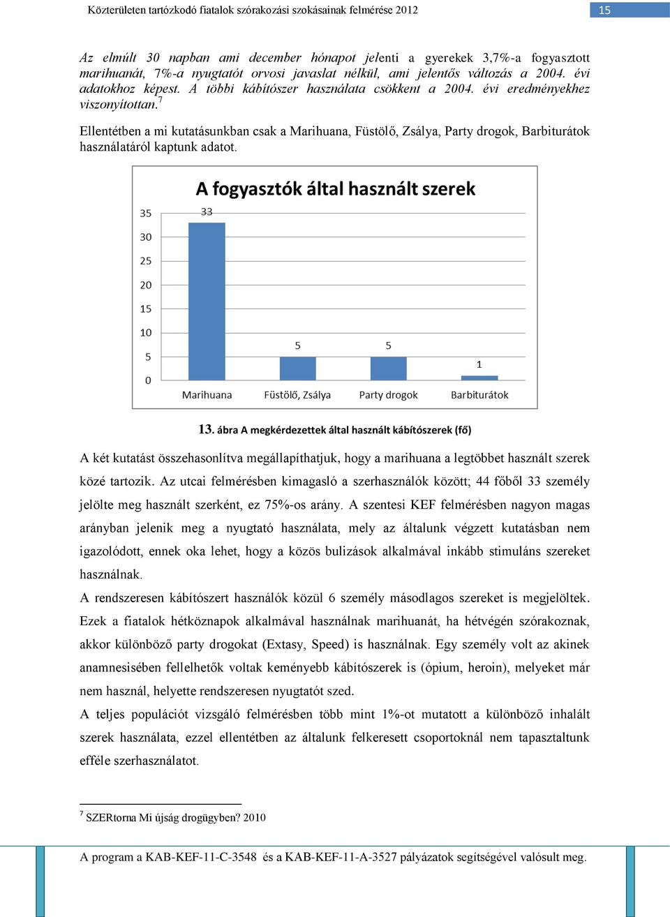 7 Ellentétben a mi kutatásunkban csak a Marihuana, Füstölő, Zsálya, Party drogok, Barbiturátok használatáról kaptunk adatot. 13.