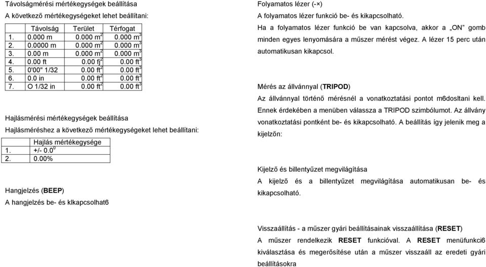 +/- 0.0 0 2. 0.00% Hangjelzés (BEEP) A hangjelzés be- és klkapcsolhat6 Folyamatos lézer (- ) A folyamatos lézer funkció be- és kikapcsolható.