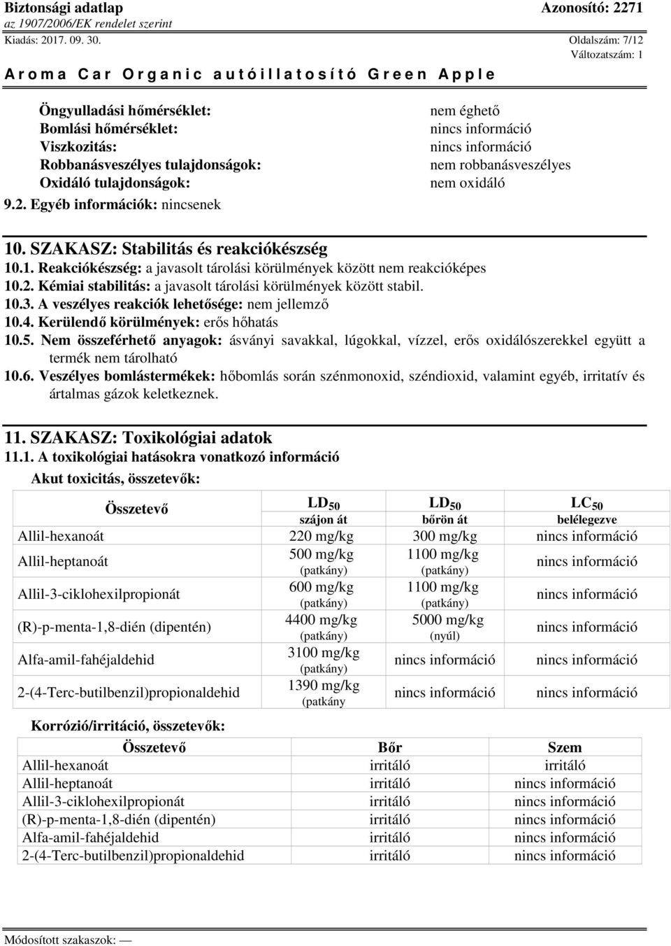A veszélyes reakciók lehetősége: nem jellemző 10.4. Kerülendő körülmények: erős hőhatás 10.5.