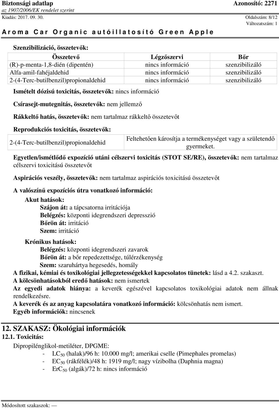 szenzibilizáló Ismételt dózisú toxicitás, összetevők: Csírasejt-mutegnitás, összetevők: nem jellemző Rákkeltő hatás, összetevők: nem tartalmaz rákkeltő összetevőt Reprodukciós toxicitás, összetevők: