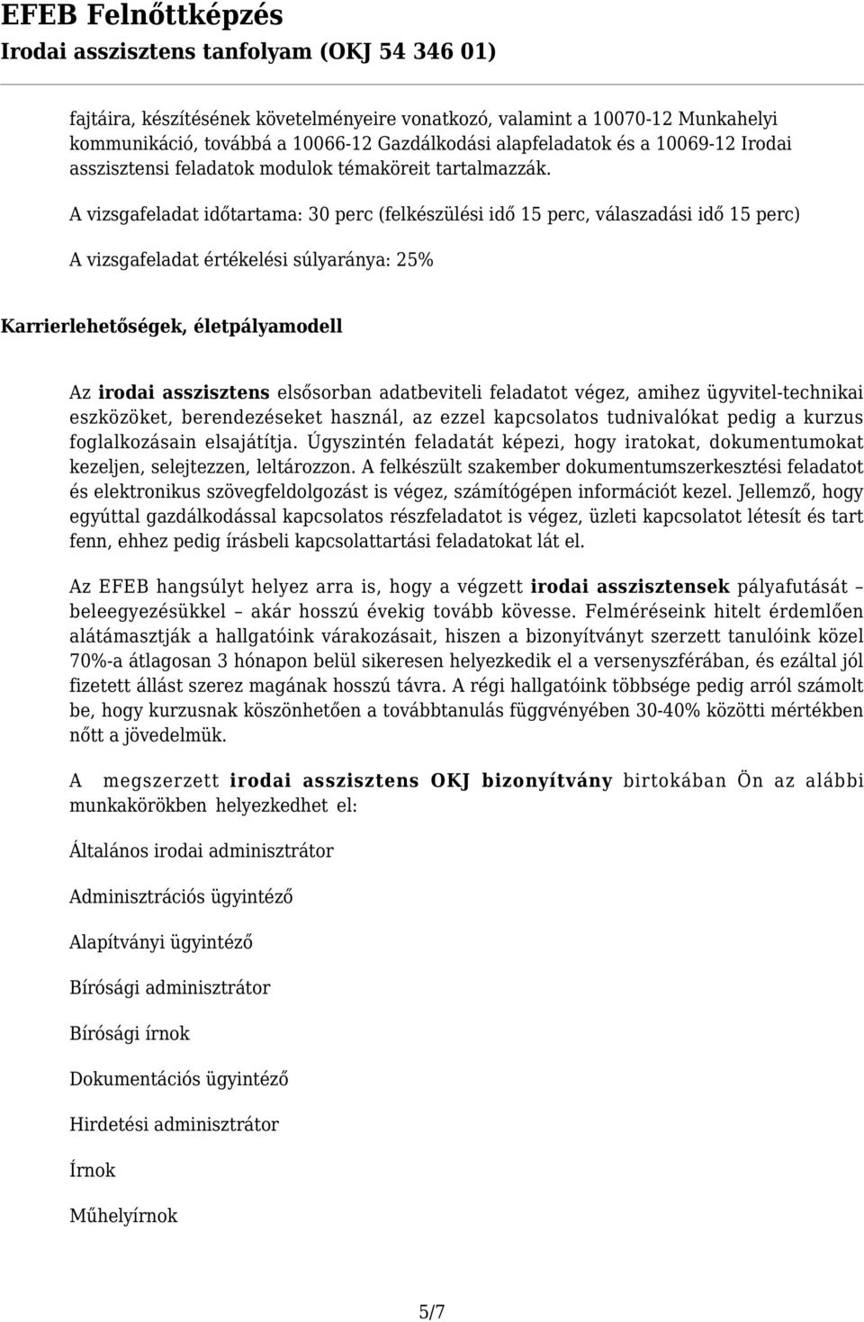 A vizsgafeladat időtartama: 30 perc (felkészülési idő 15 perc, válaszadási idő 15 perc) A vizsgafeladat értékelési súlyaránya: 25% Karrierlehetőségek, életpályamodell Az irodai asszisztens elsősorban