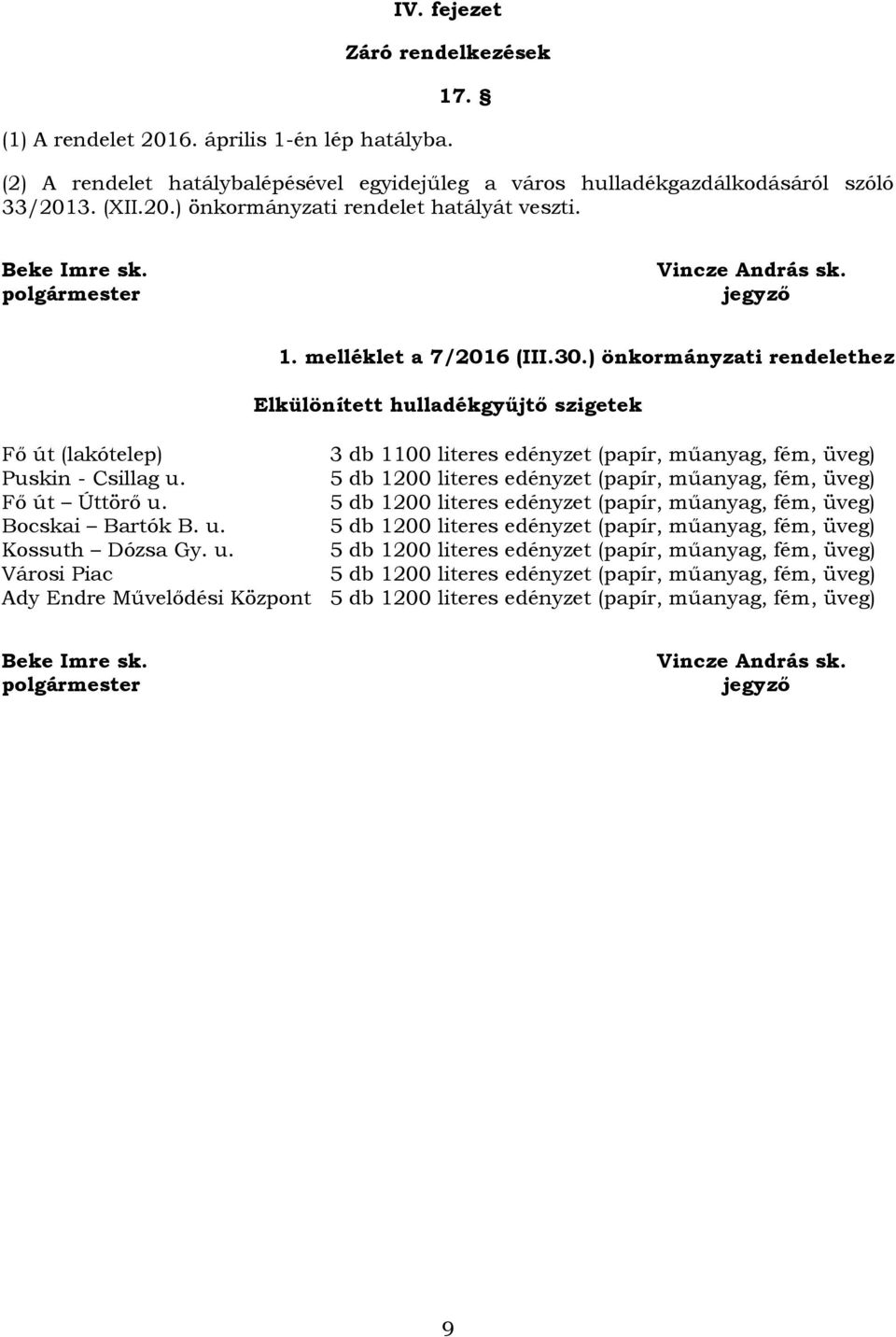 ) önkormányzati rendelethez Elkülönített hulladékgyűjtő szigetek Fő út (lakótelep) 3 db 1100 literes edényzet (papír, műanyag, fém, üveg) Puskin - Csillag u.