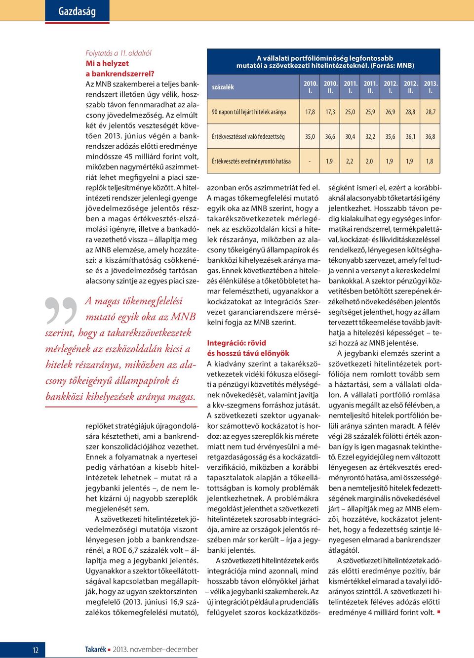 Az MNB szakemberei a teljes bankrendszert illetően úgy vélik, hoszszabb távon fennmaradhat az alacsony jövedelmezőség. Az elmúlt két év jelentős veszteségét követően 2013.