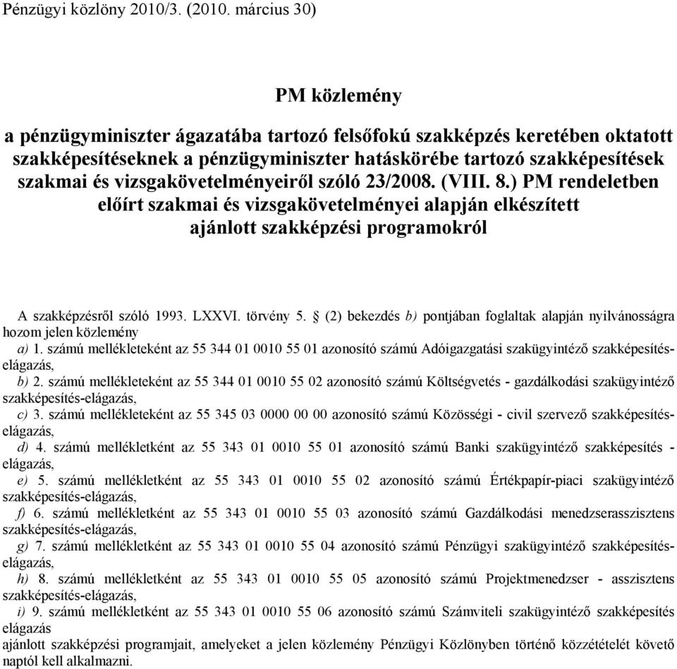 () bekezdés b) pontjában foglaltak alapján nyilvánosságra hozom jelen közlemény a). számú mellékleteként az 55 344 0 000 55 0 azonosító számú Adóigazgatási szakügyintéző szakképesítéselágazás, b).