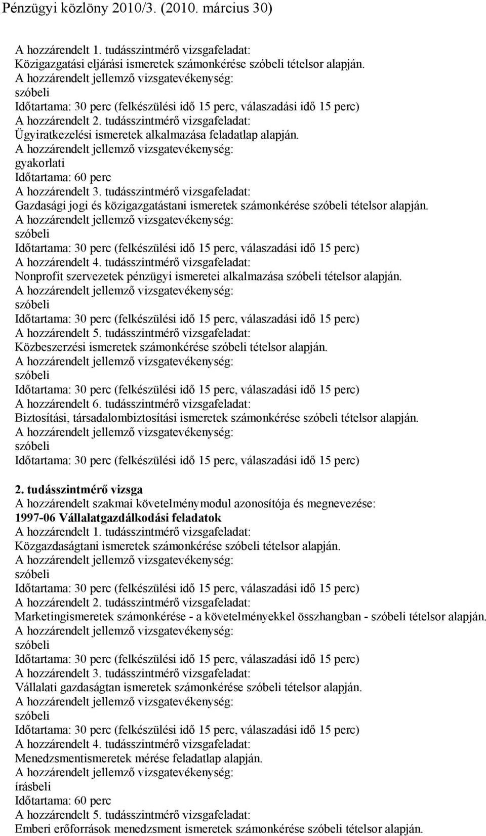 gyakorlati Időtartama: 60 perc A hozzárendelt 3. tudásszintmérő vizsgafeladat: Gazdasági jogi és közigazgatástani ismeretek számonkérése szóbeli tételsor alapján.