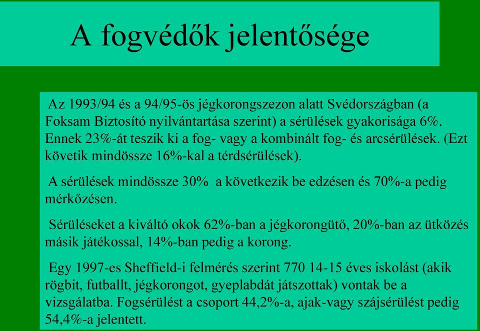 A sérülések mindössze 30% a következik be edzésen és 70%-a pedig mérkőzésen.