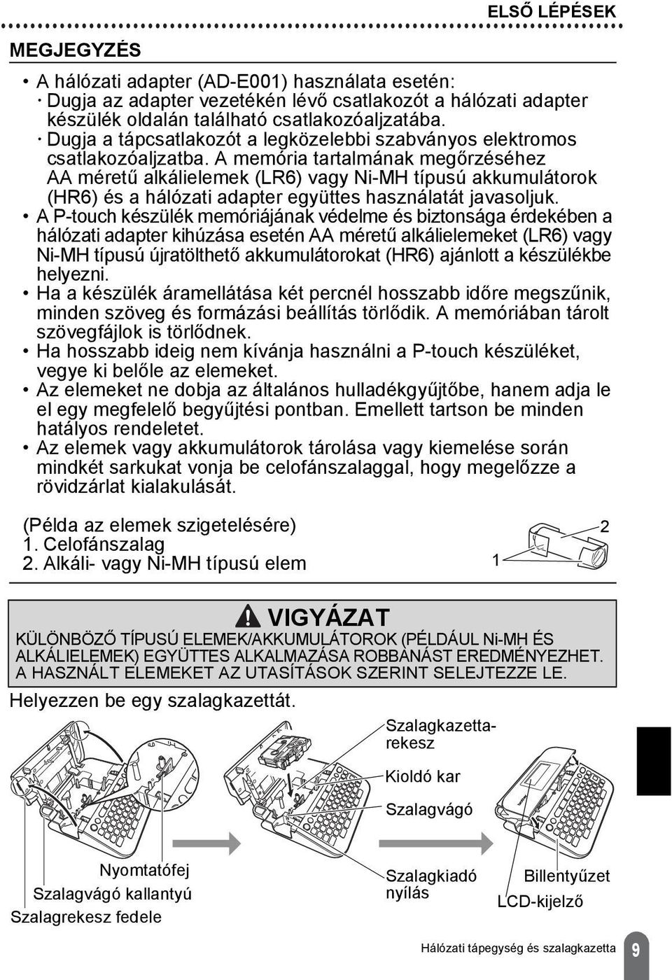 A memória tartalmának megőrzéséhez AA méretű alkálielemek LR6) vagy Ni-MH típusú akkumulátorok HR6) és a hálózati adapter együttes használatát javasoljuk.