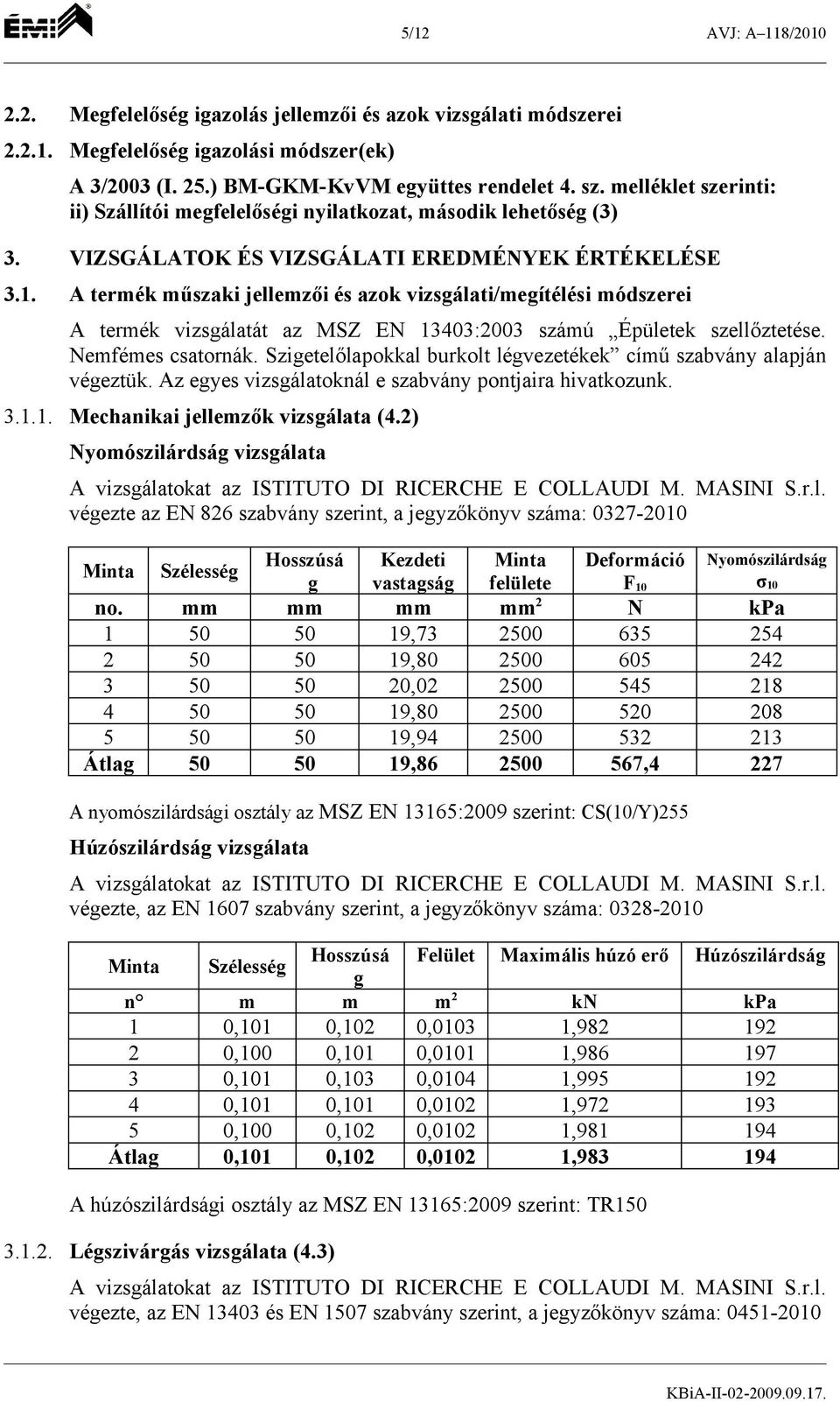 A termék műszaki jellemzői és azok vizsgálati/megítélési módszerei A termék vizsgálatát az MSZ EN 13403:2003 számú Épületek szellőztetése. Nemfémes csatornák.