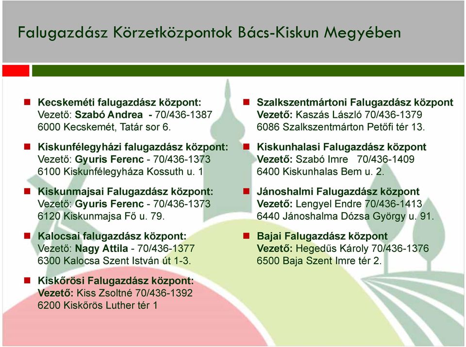 1 Kiskunmajsai Falugazdász központ: Vezető: Gyuris Ferenc - 70/436-1373 6120 Kiskunmajsa Fő u. 79. Kalocsai falugazdász központ: Vezető: Nagy Attila - 70/436-1377 6300 Kalocsa Szent István út 1-3.