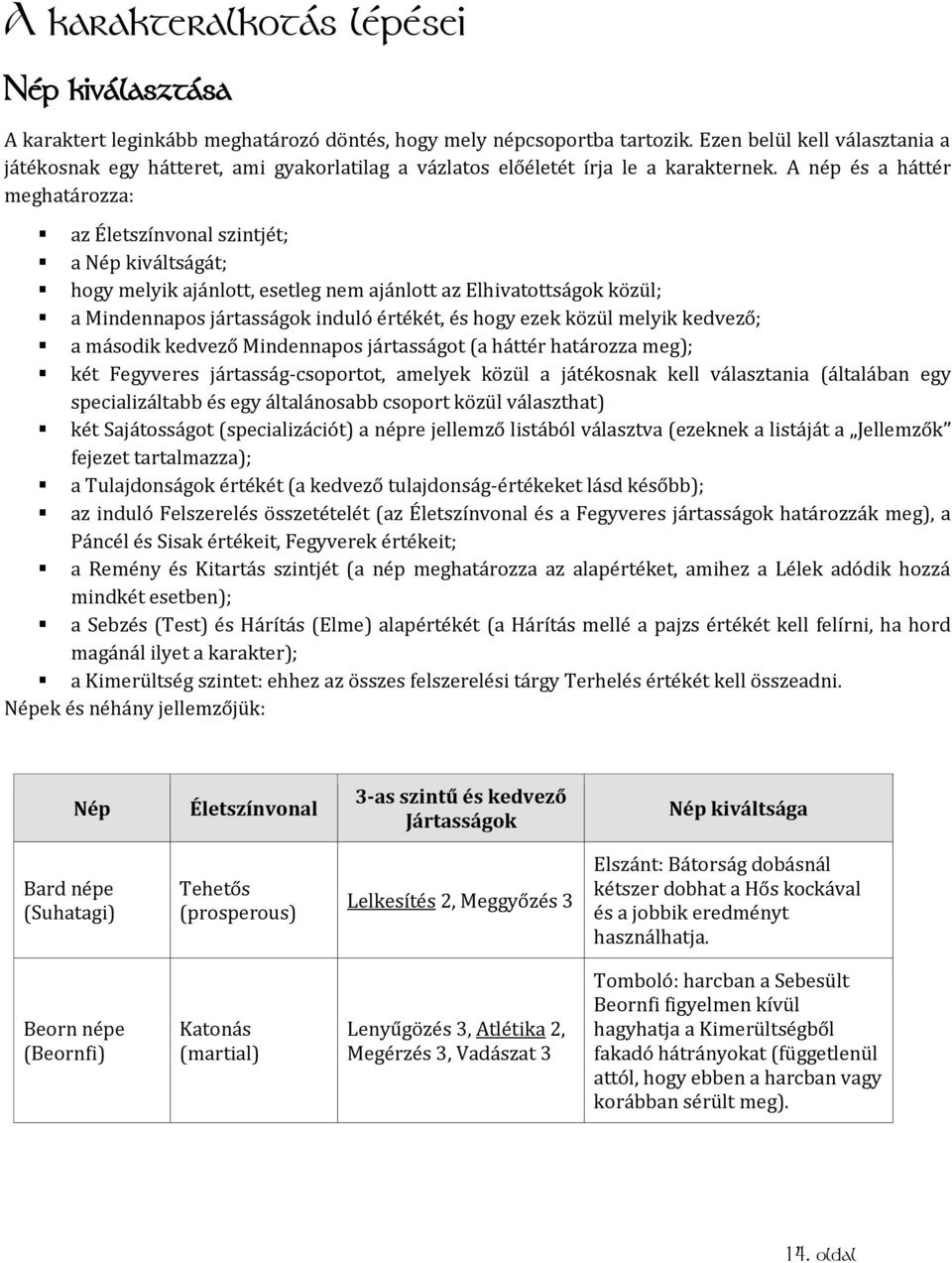 A nép és a háttér meghatározza: az Életszínvonal szintjét; a Nép kiváltságát; hogy melyik ajánlott, esetleg nem ajánlott az Elhivatottságok közül; a Mindennapos jártasságok induló értékét, és hogy