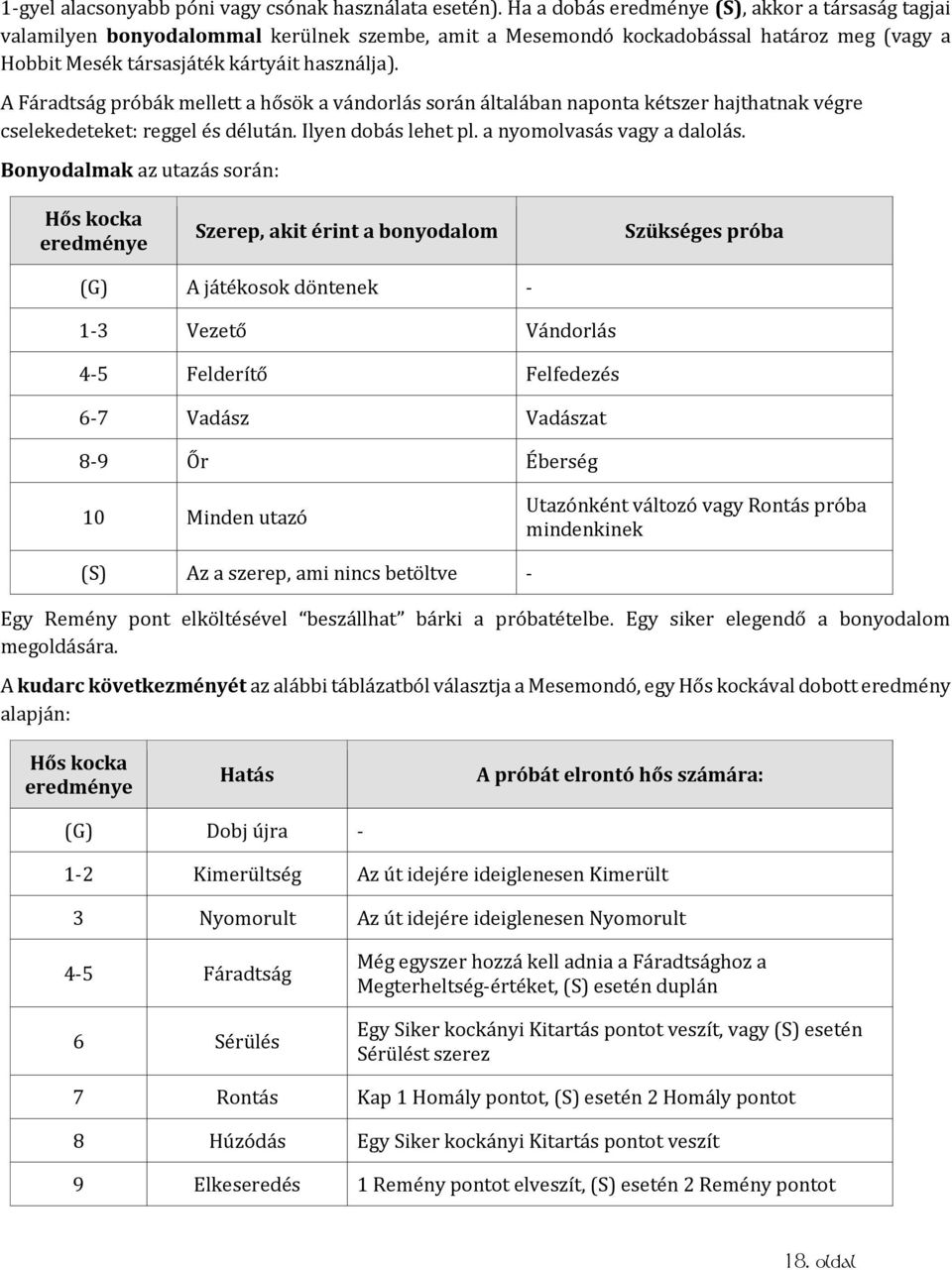 A Fáradtság próbák mellett a hősök a vándorlás során általában naponta kétszer hajthatnak végre cselekedeteket: reggel és délután. Ilyen dobás lehet pl. a nyomolvasás vagy a dalolás.