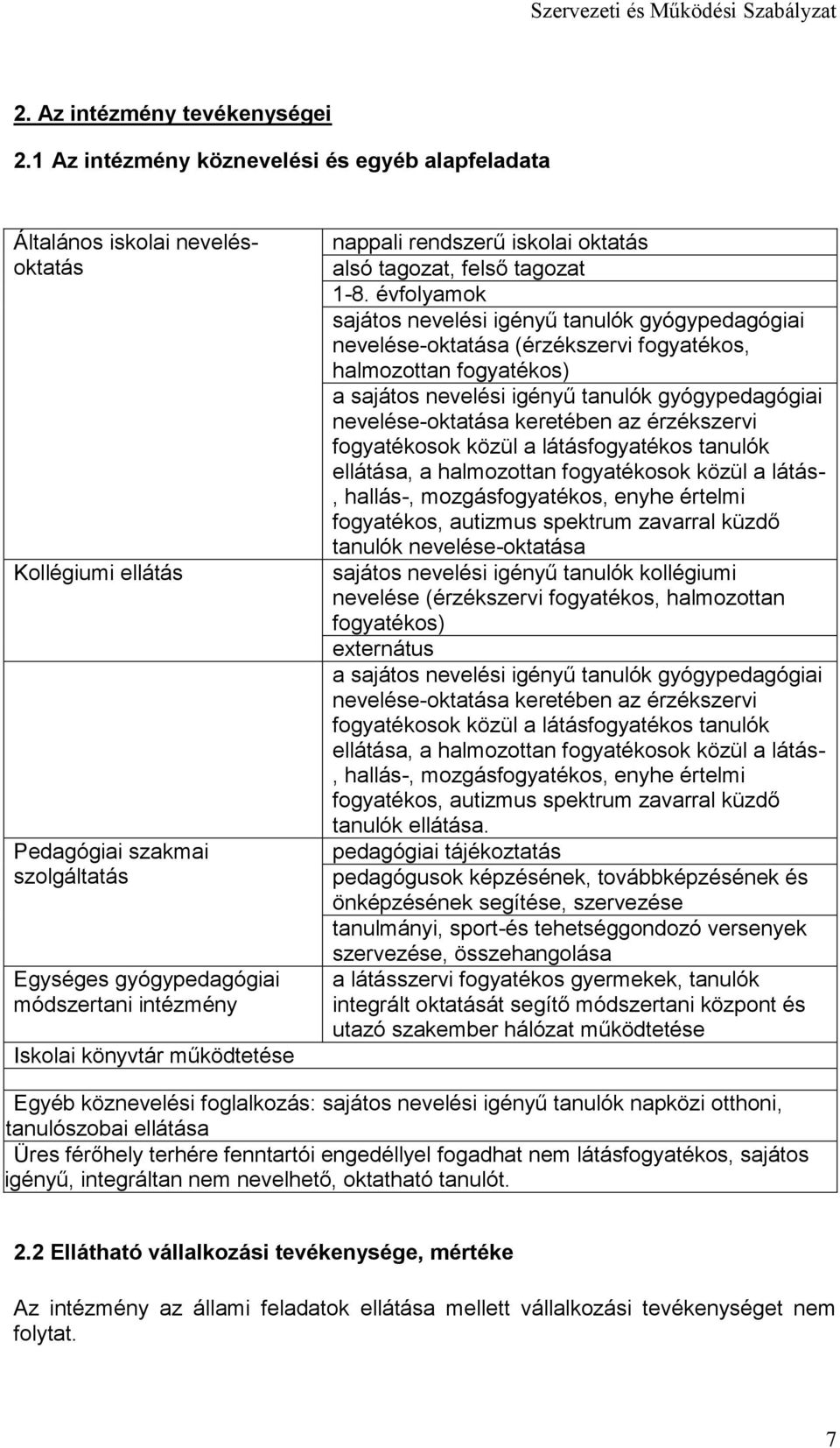 működtetése nappali rendszerű iskolai oktatás alsó tagozat, felső tagozat 1-8.