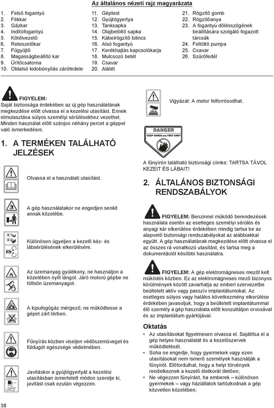 Kerékhajtás kapcsolókarja 18. Mulcsozó betét 19. Csavar 20. Alátét 21. Rögzít gomb 22. Rögzít anya 23. A fogantyú d lésszögének beállítására szolgáló fogazott tárcsák 24. Feltölt pumpa 25. Csavar 26.