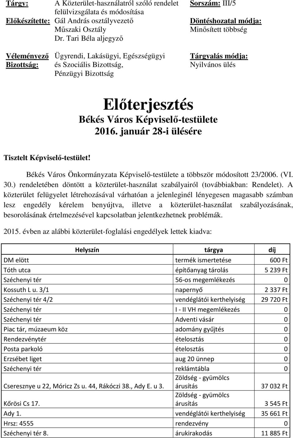 Nyilvános ülés Előterjesztés Békés Város Képviselő-testülete 2016. január 28-i ülésére Tisztelt Képviselő-testület! Békés Város Önkormányzata Képviselő-testülete a többször módosított 23/2006. (VI.