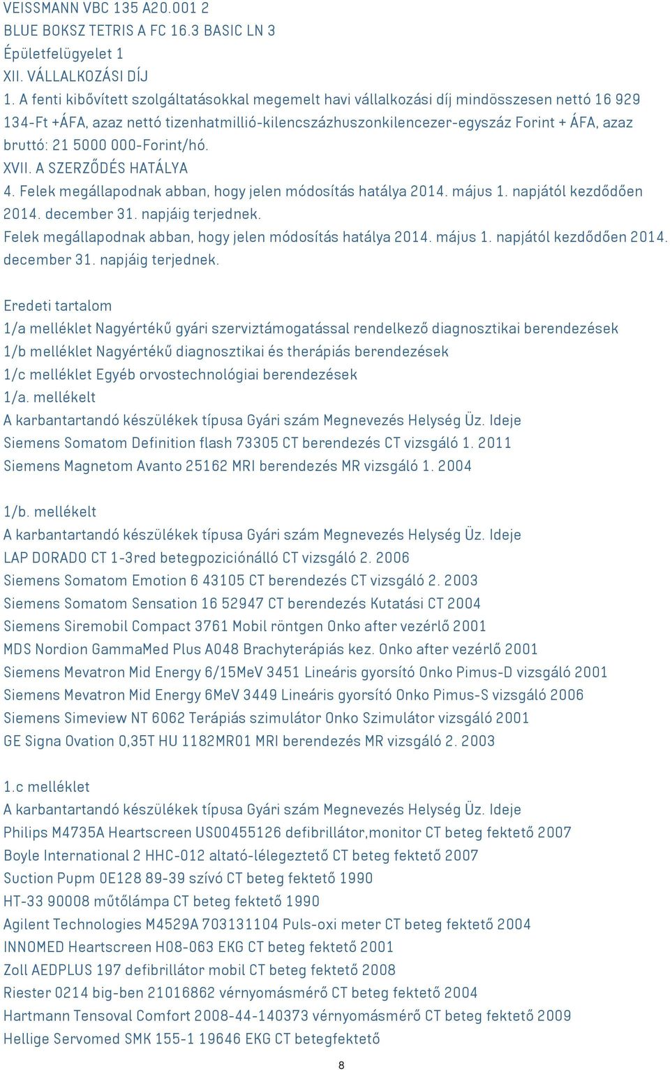 5000 000-Forint/hó. XVII. A SZERZŐDÉS HATÁLYA 4. Felek megállapodnak abban, hogy jelen módosítás hatálya 2014. május 1. napjától kezdődően 2014. december 31. napjáig terjednek.