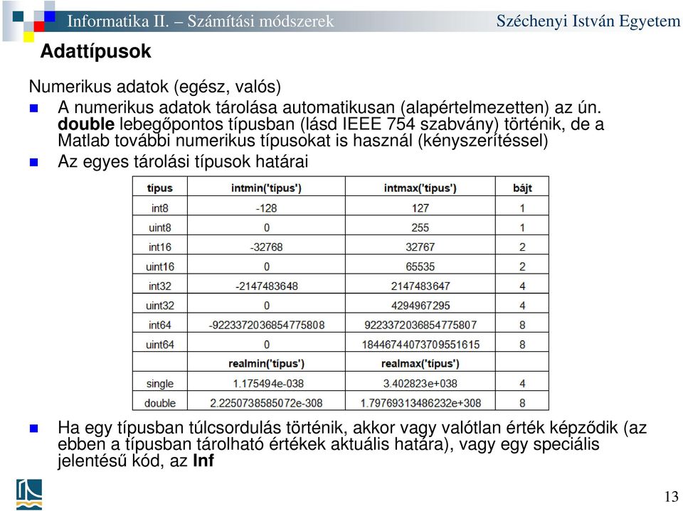 használ (kényszerítéssel) Az egyes tárolási típusok határai Ha egy típusban túlcsordulás történik, akkor vagy