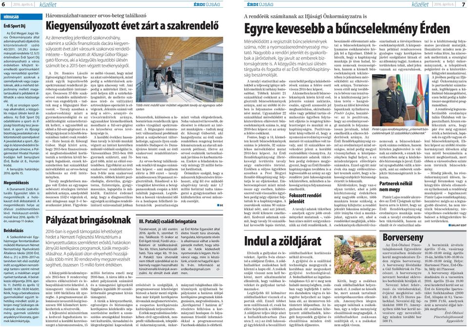 (1) értelmében Érdi Sport Díj adományozható a város érdekében kifejtett kiemelkedő sportmunkáért vagy nemzetközi sportteljesítményért azoknak a személyeknek vagy csapatoknak, akik a mérhető