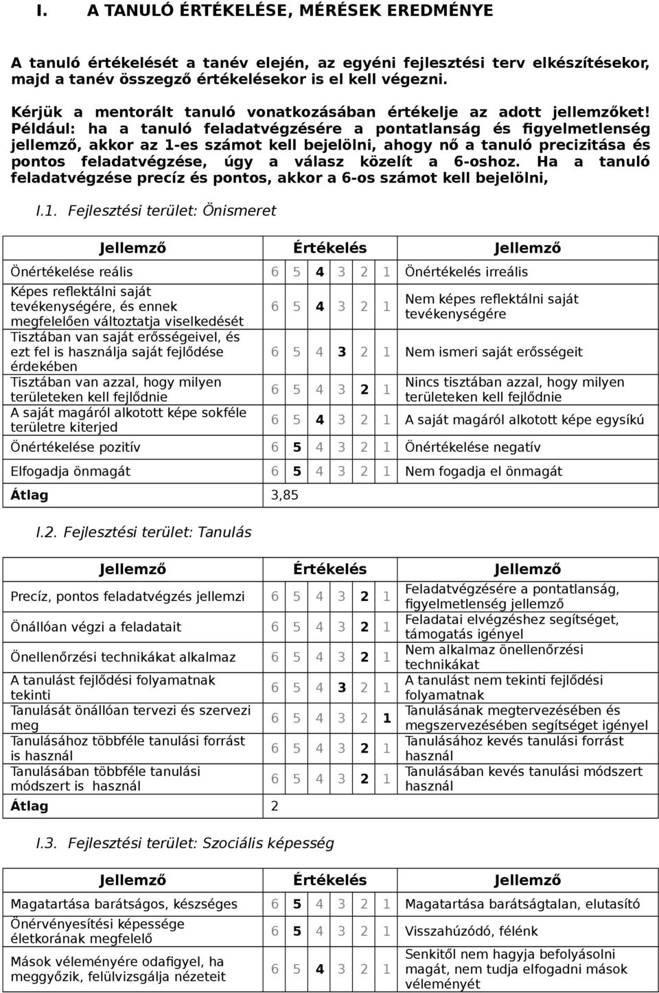 Például: ha a tanuló feladatvégzésére a pontatlanság és figyelmetlenség jellemző, akkor az 1-es számot kell bejelölni, ahogy nő a tanuló precizitása és pontos feladatvégzése, úgy a válasz közelít a