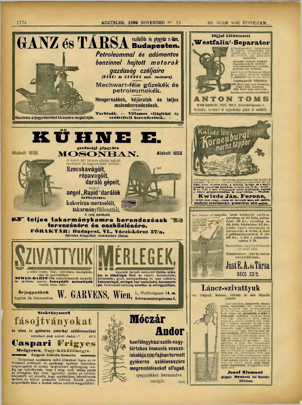 - Díjjal kitűntetett, W e s t f a l i a ' S e p a r a t o r KUHiurs: m gazdasági gépgyára M 0 8 0 N B A N. Alakult 1858.