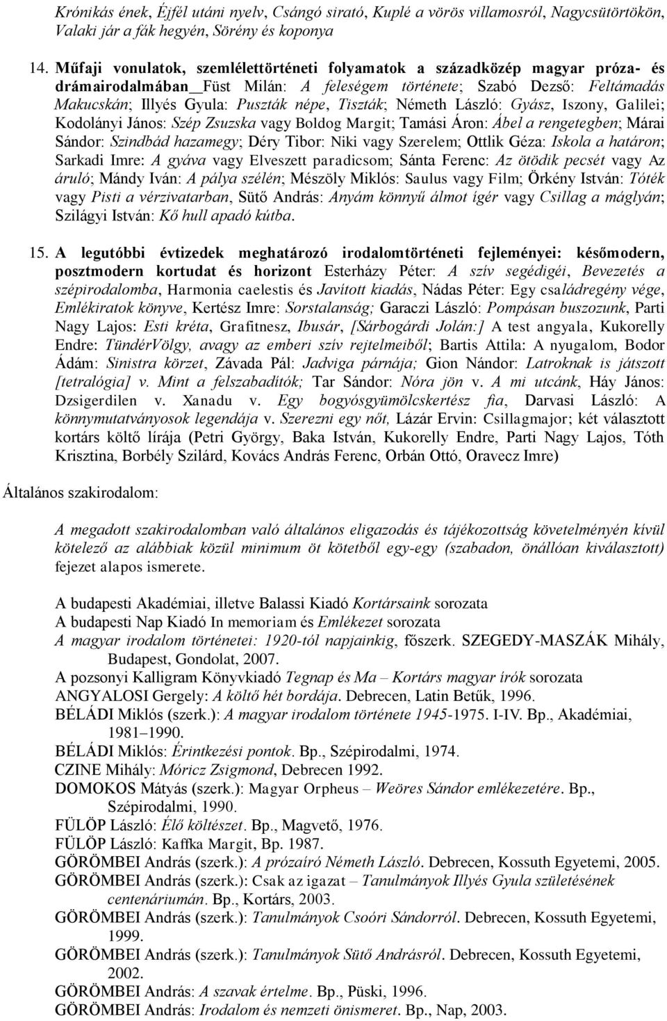 Tiszták; Németh László: Gyász, Iszony, Galilei; Kodolányi János: Szép Zsuzska vagy Boldog Margit; Tamási Áron: Ábel a rengetegben; Márai Sándor: Szindbád hazamegy; Déry Tibor: Niki vagy Szerelem;