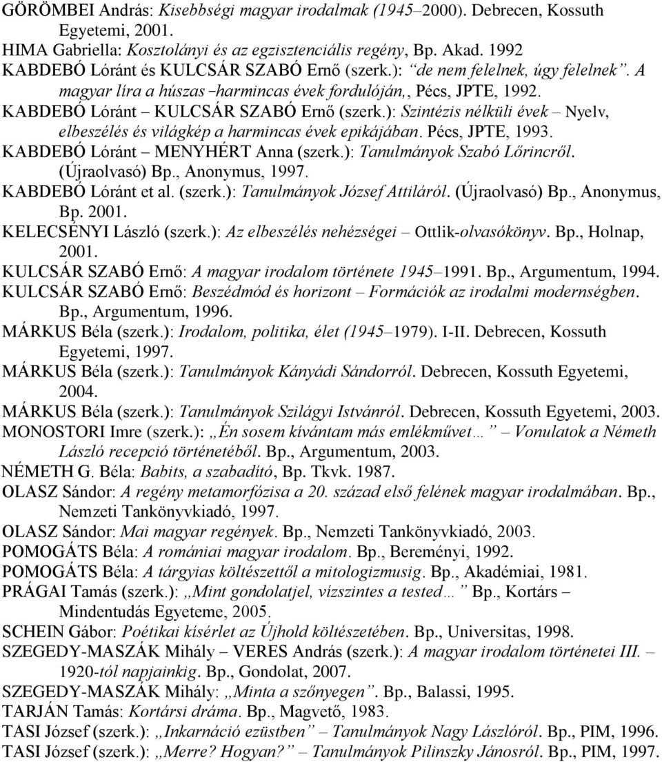 ): Szintézis nélküli évek Nyelv, elbeszélés és világkép a harmincas évek epikájában. Pécs, JPTE, 1993. KABDEBÓ Lóránt MENYHÉRT Anna (szerk.): Tanulmányok Szabó Lőrincről. (Újraolvasó) Bp.