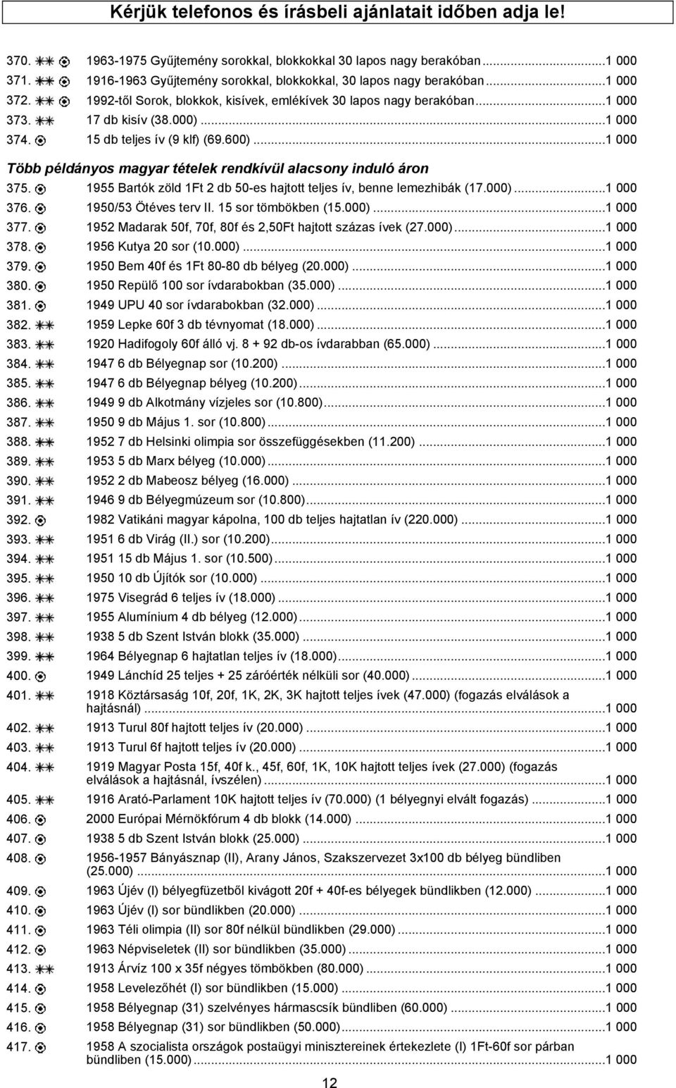 15 db teljes ív (9 klf) (69.600)...1 000 Több példányos magyar tételek rendkívül alacsony induló áron 375. 1955 Bartók zöld 1Ft 2 db 50-es hajtott teljes ív, benne lemezhibák (17.000)...1 000 376.