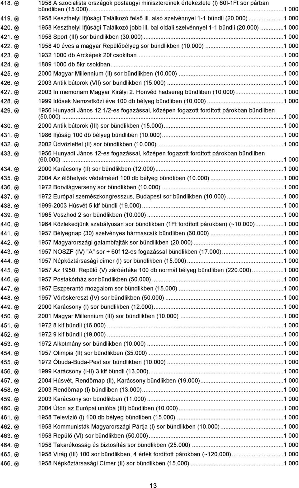 1958 40 éves a magyar Repülőbélyeg sor bündlikben (10.000)...1 000 423. 1932 1000 db Arcképek 20f csokiban...1 000 424. 1889 1000 db 5kr csokiban...1 000 425.