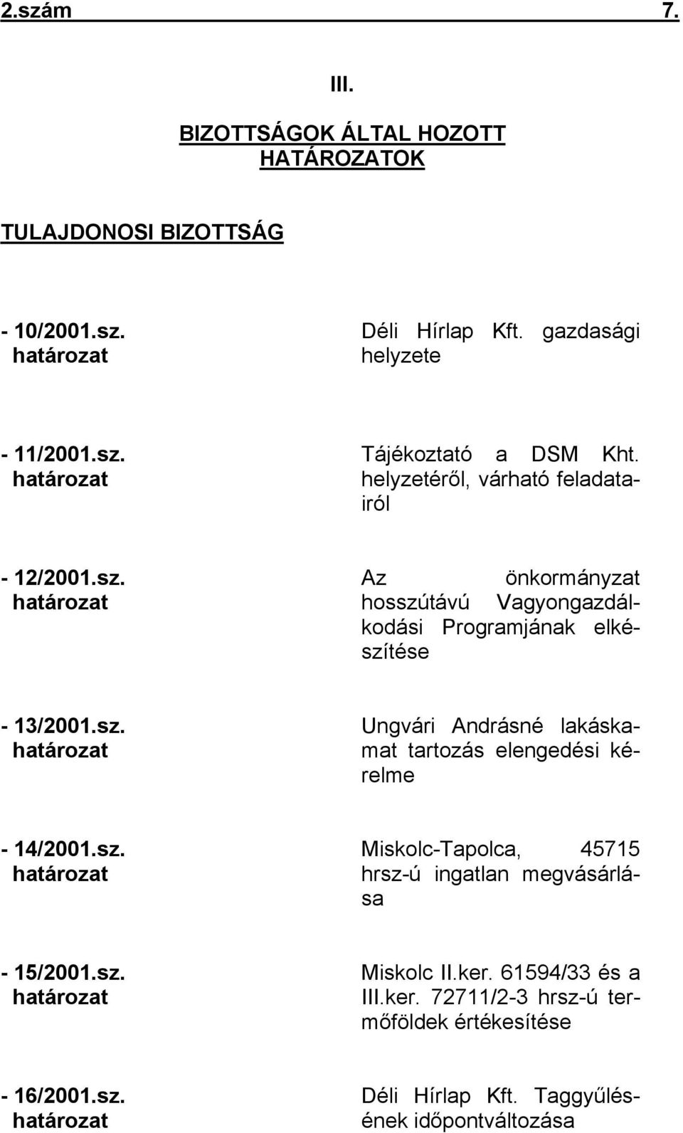 sz. határozat Miskolc-Tapolca, 45715 hrsz-ú ingatlan megvásárlása - 15/2001.sz. határozat Miskolc II.ker. 61594/33 és a III.ker. 72711/2-3 hrsz-ú termőföldek értékesítése - 16/2001.